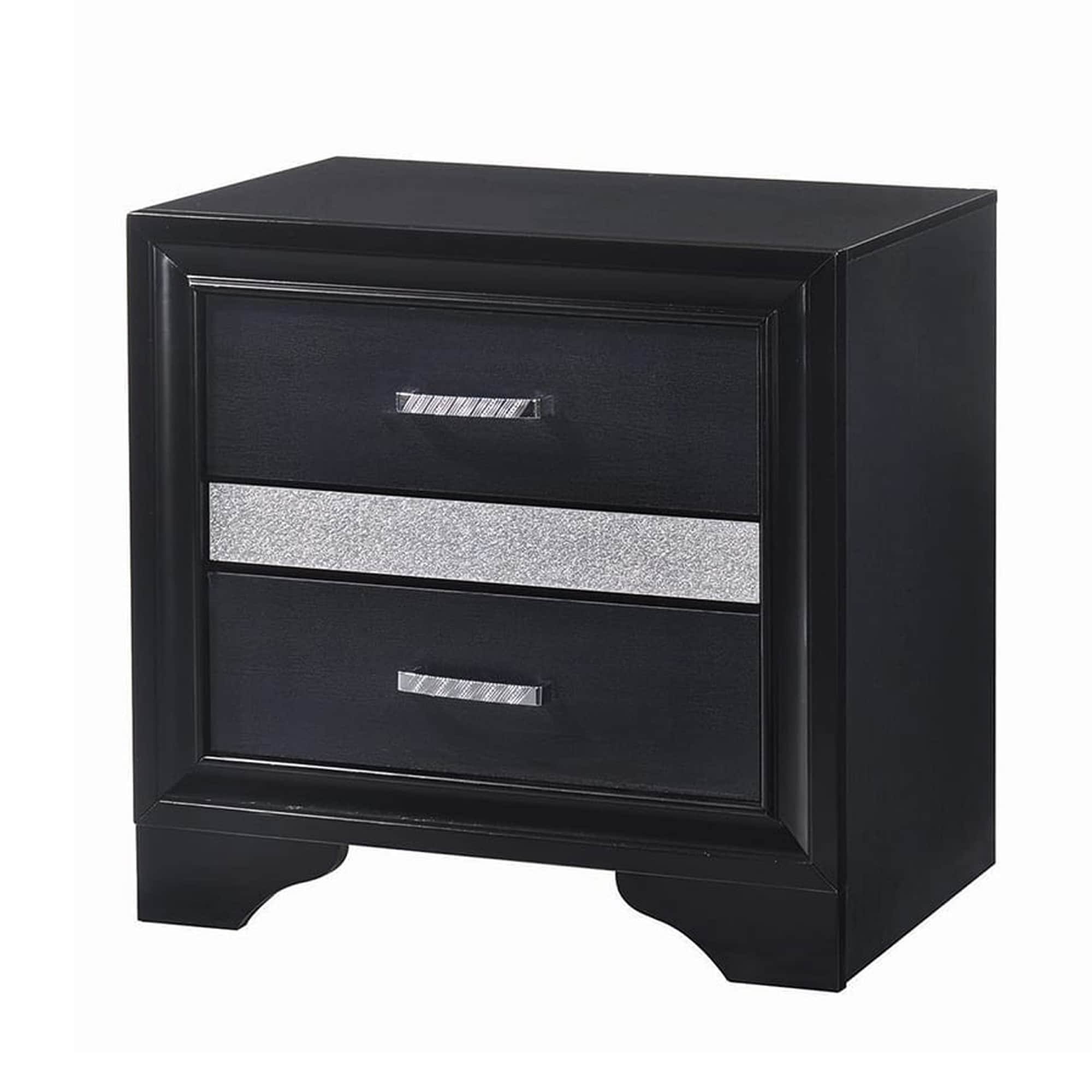 Benjara Nightstand with 2 Drawers and Rhinestone Pull Handles, Black and Silver