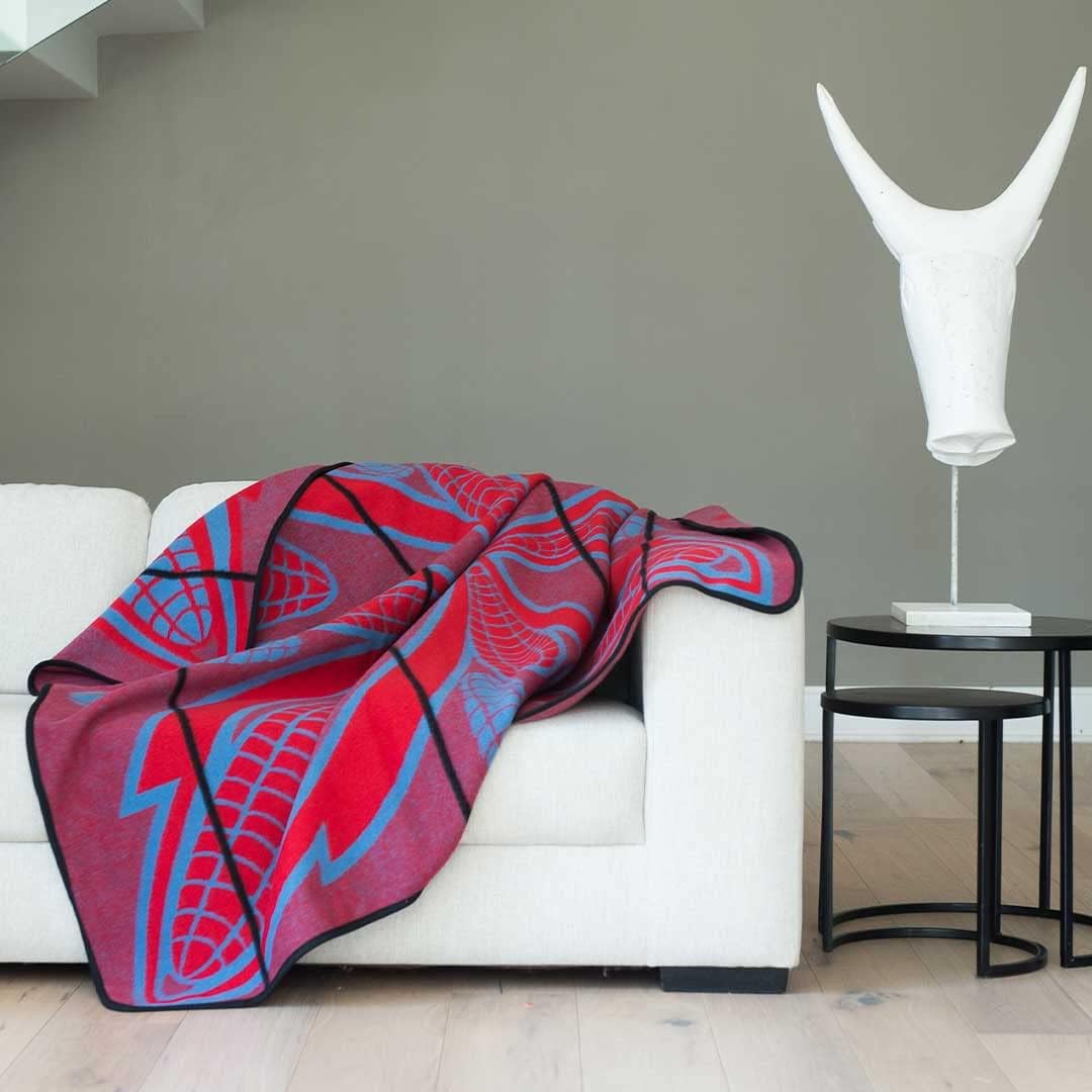 Authentic Basotho Heritage Heirloom Wool African Blanket Or Throw Lightweight, Hypoallergenic, and Machine-Washable - SeanaMarena (Scarlet, Black and Blue 61