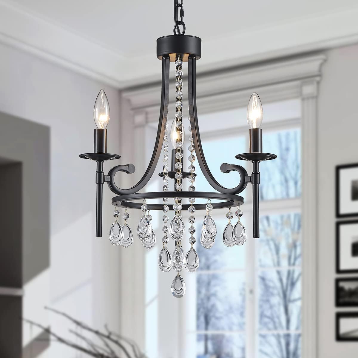 WUZUPS Candle Chandelier 6-Light Wagon Wheel Pendant Ceiling Light Modern Lighting Fixture for Bedroom Hallway Bar Kitchen Dinning Living Room Bathroom, Black, E12 Base, 28.7