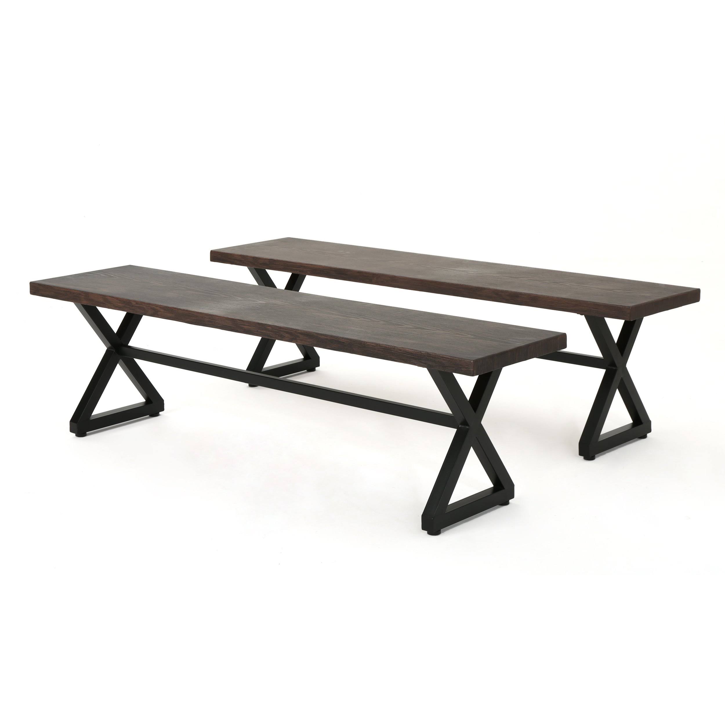 Rosarito Outdoor Aluminum Dining Bench with Black Steel Frame (Set of 2) Gray