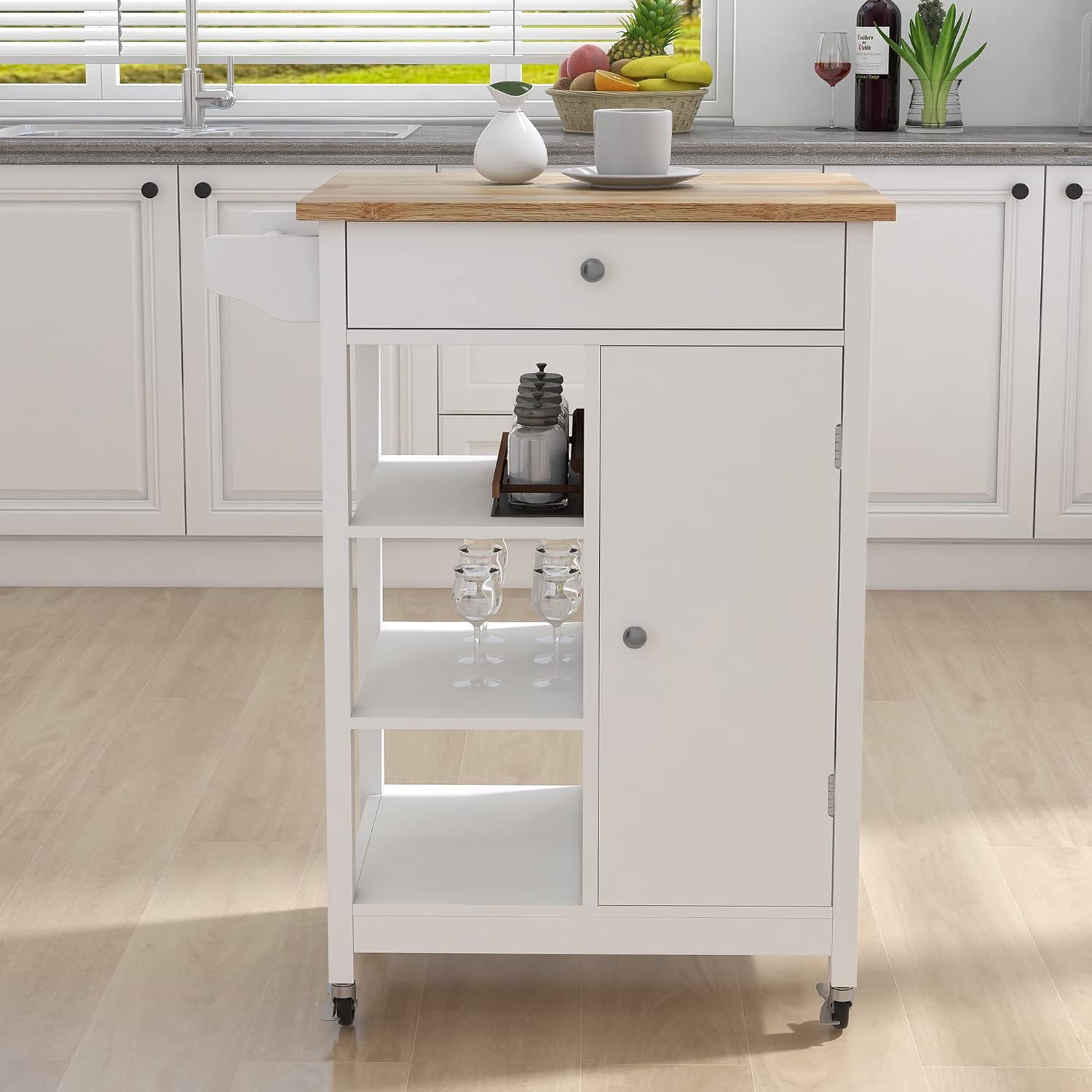 Kitchen Island on Wheels with Single Door and One Drawer Solid Wood Top Storage Cabinet 2 Open Shelves White Kitchen Trolley with Towel Rack,25.98