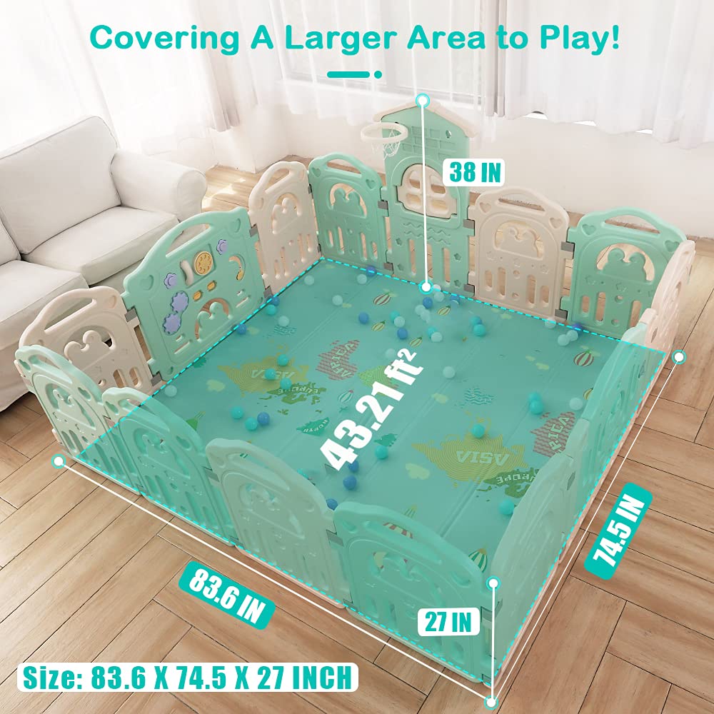 Yoleo Baby Playpen Extra Large Play Yard for Toddlers Kids Fences with Basketball Hoop More Spacious Taller Playroom Area Indoor/ Outdoor (Green, 14 Widened Panels)
