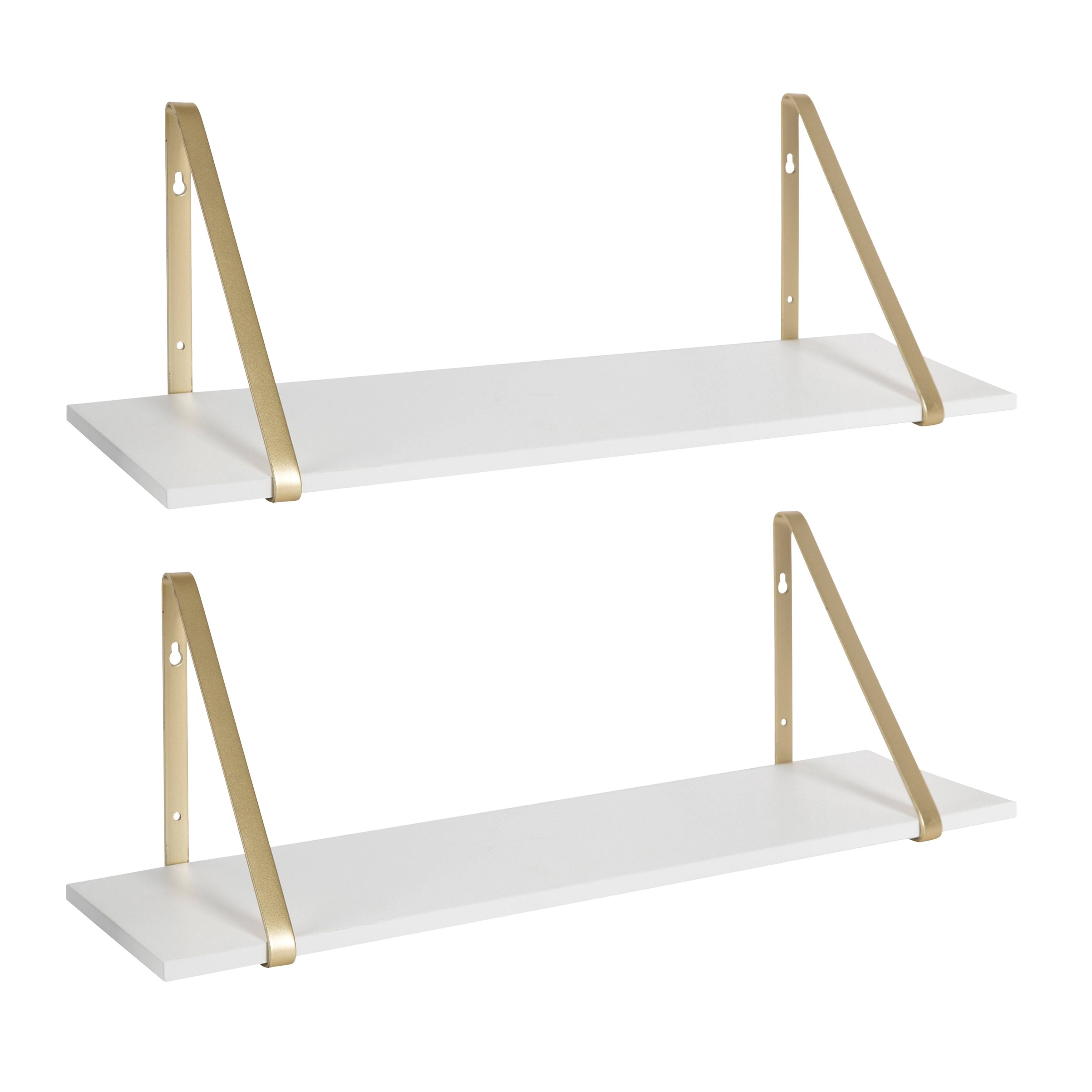Kate and Laurel Soloman White Wooden Shelves with Gold Metal Brackets, 2 Piece