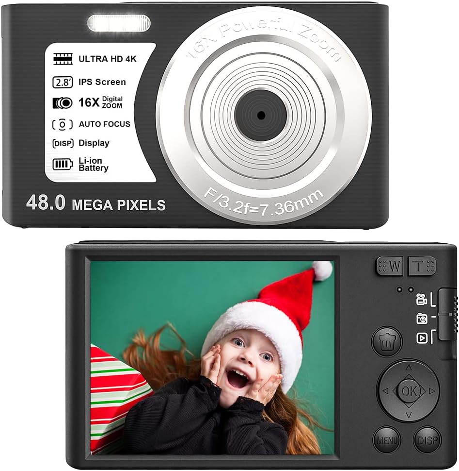 Digital Camera 4K Compact Camera 48.0 Mega Pixels Vlogging Camera 2.8 inch IPS HD Screen Compact Portable Mini Cameras for Students, Teens, Kids (with 32GB SD Card and 2 Battery),Black Pack of 2