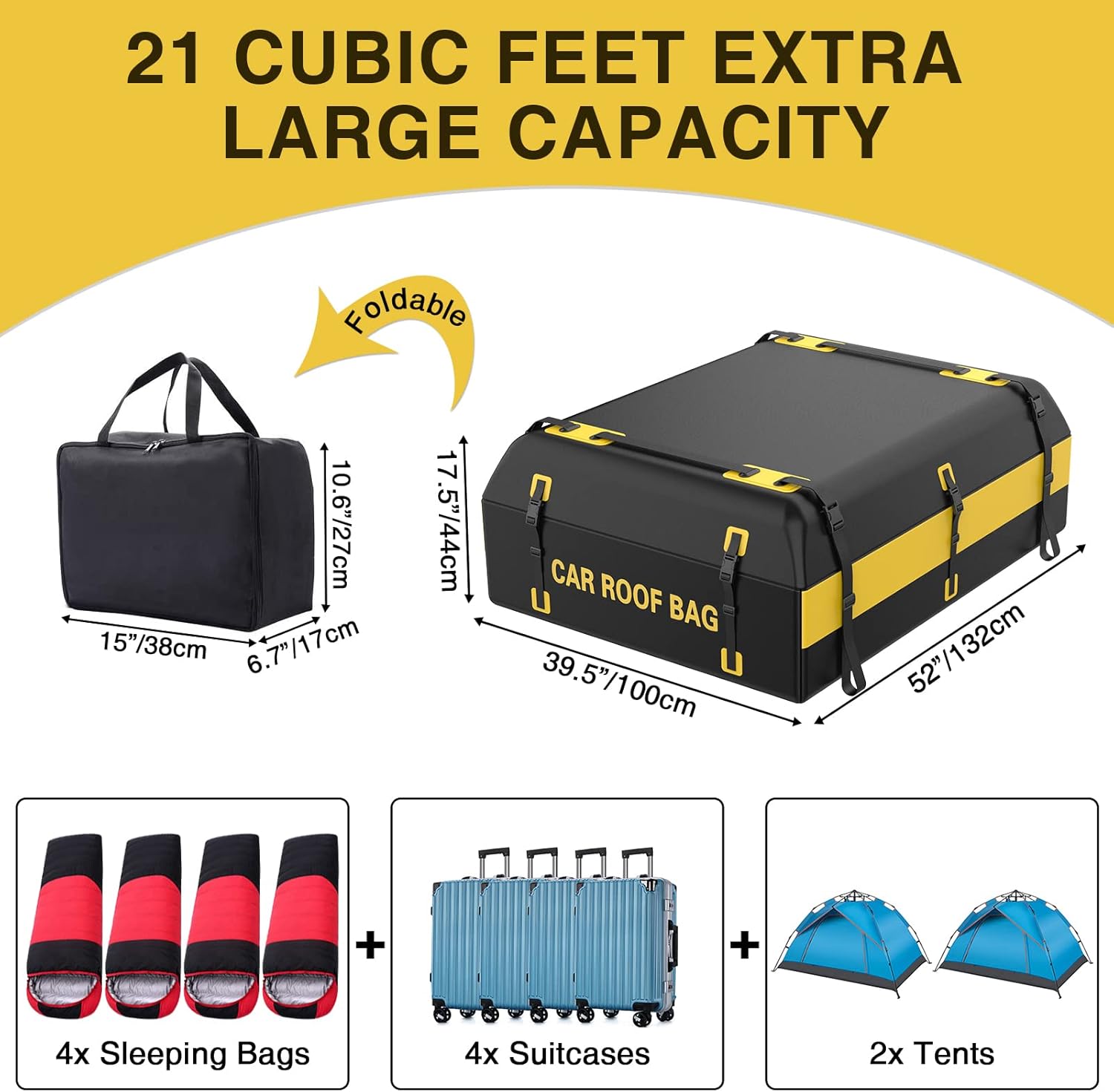 Rooftop Cargo Carrier, 21 Cubic Feet Car Roof Bag, Includes Anti-Slip Mat, 6 Door Hooks and Storage Bag, 100% Waterproof Excellent Military Quality Carrier Bag, Suitable for All Cars with/Without Rack