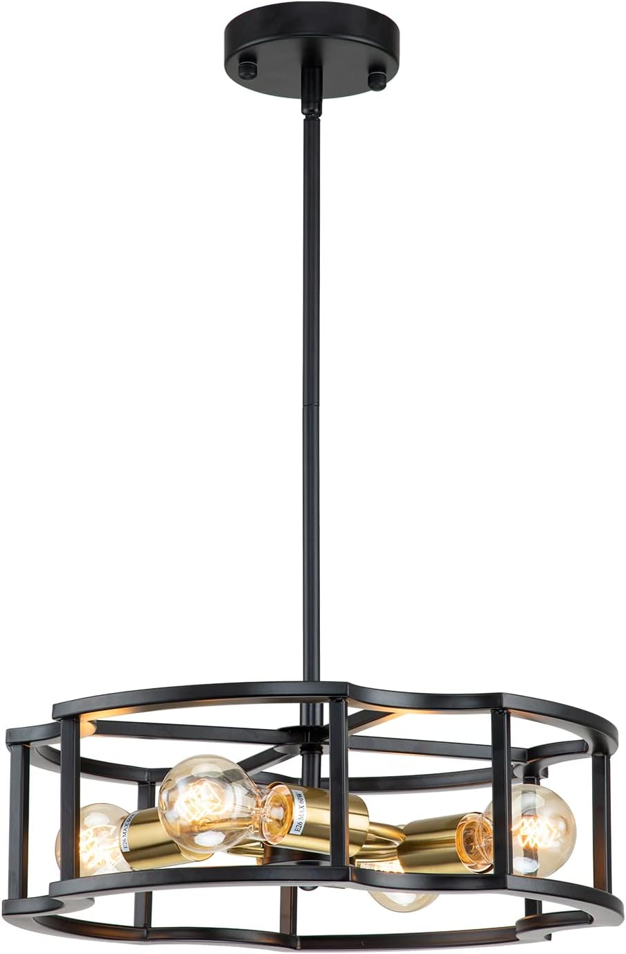 Farmhouse Semi Flush Mount Ceiling Light,4-Light Black Drum Ceiling Chandelier,Adjustable Height Round Drum Pendant Light with Light fixtures Ceiling Mount ,for Dining Room Internet Cafe Study