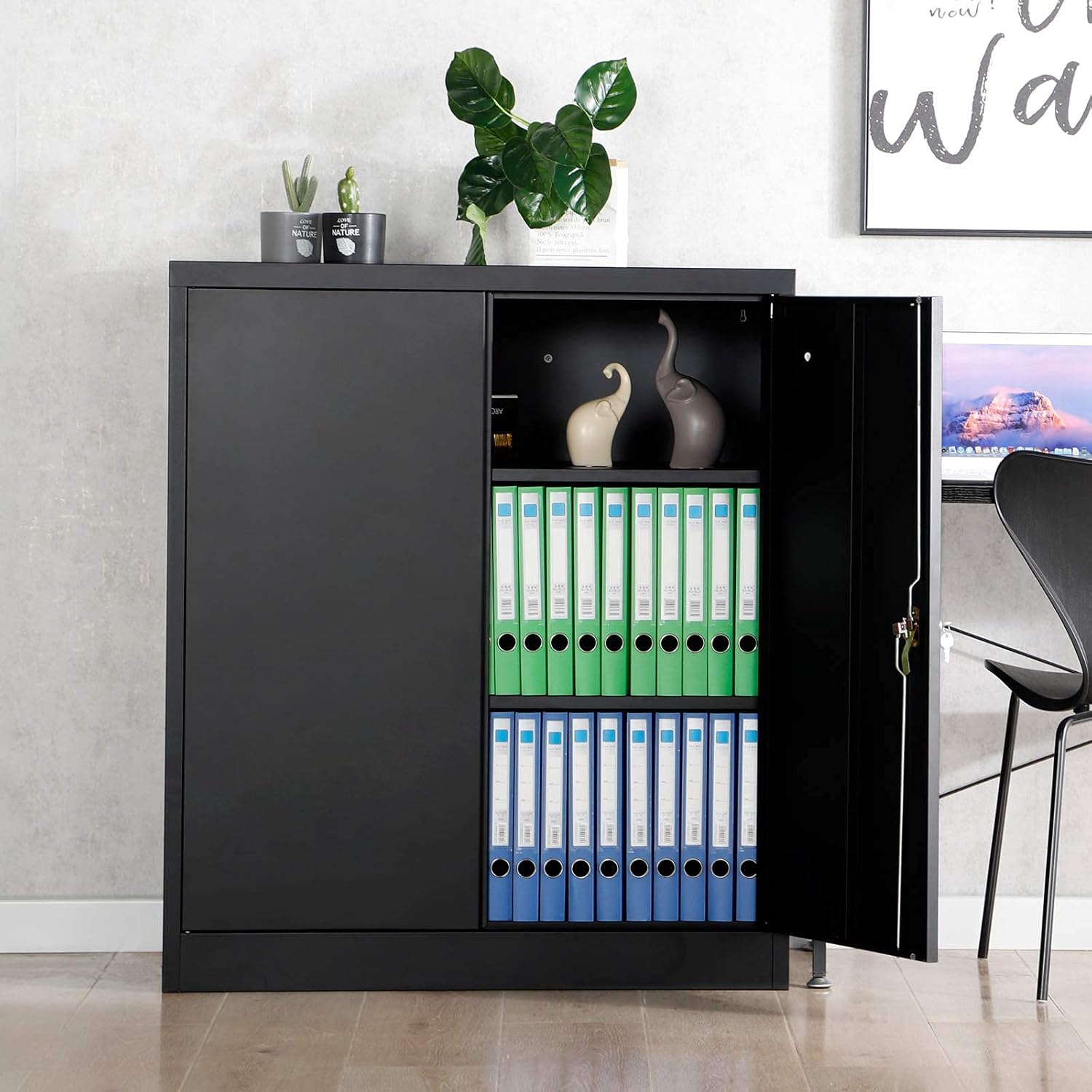 GREATMEET Metal Storage Cabinet with 2 Adjustable Shelves,Metal Garage Storage Cabinet with Door and Shelf,36'' W Locking Cabinet,Black