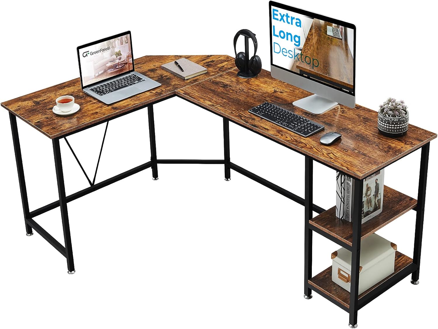 GreenForest L Shaped Corner Computer Desk 65.7 inch with Storage Shelf Long Gaming Desk for Home Office PC Workstation Saving Space Laptop Table, Walnut