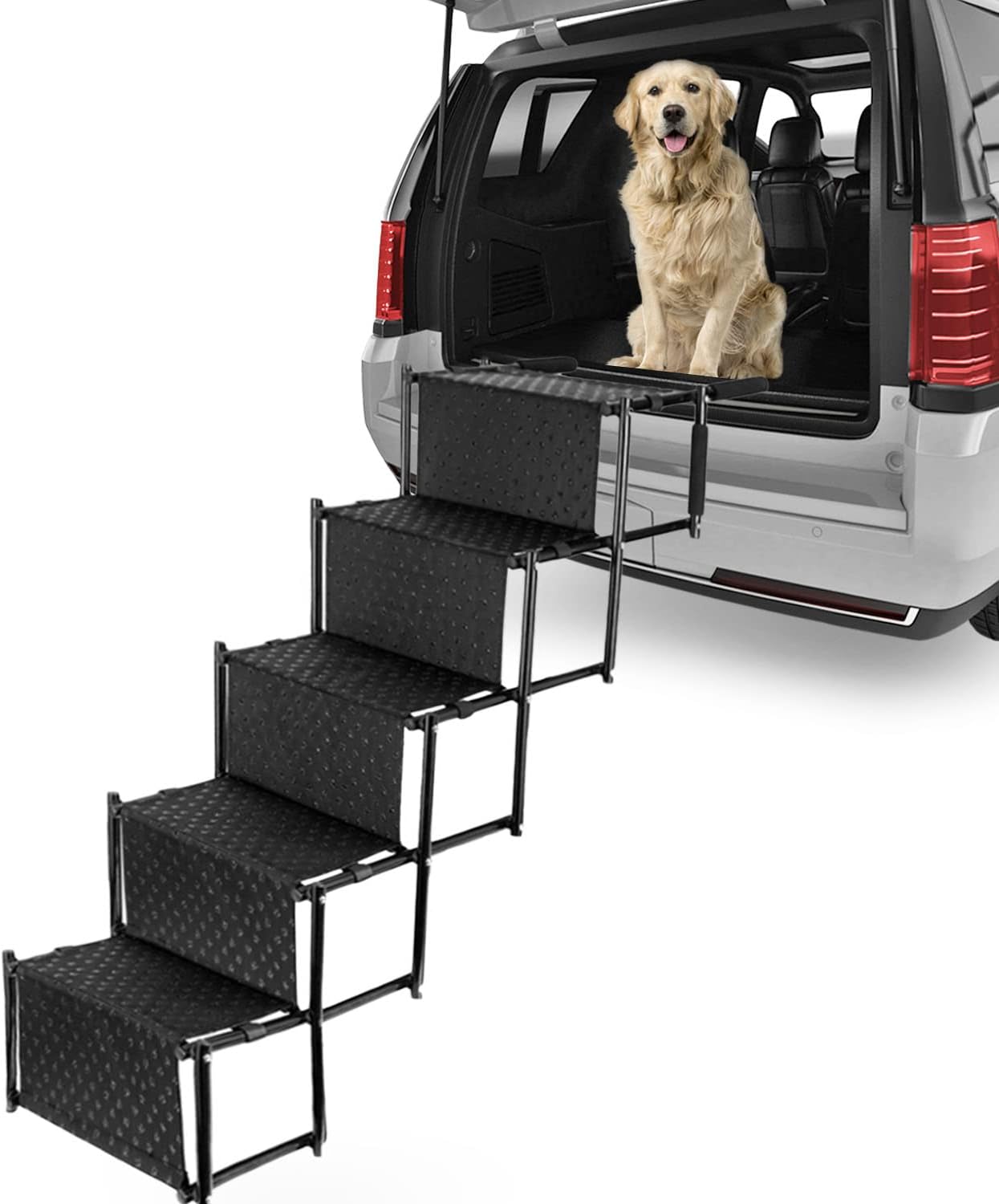 Dog Car Step Stairs, Accordion Metal Frame Folding Pet Ramp, Lightweight Portable Auto Large Dog and Cat Ladder Indoor Outdoor Use for Cars, Trucks and SUVs Cargo, Couches and High Beds (5 Steps)