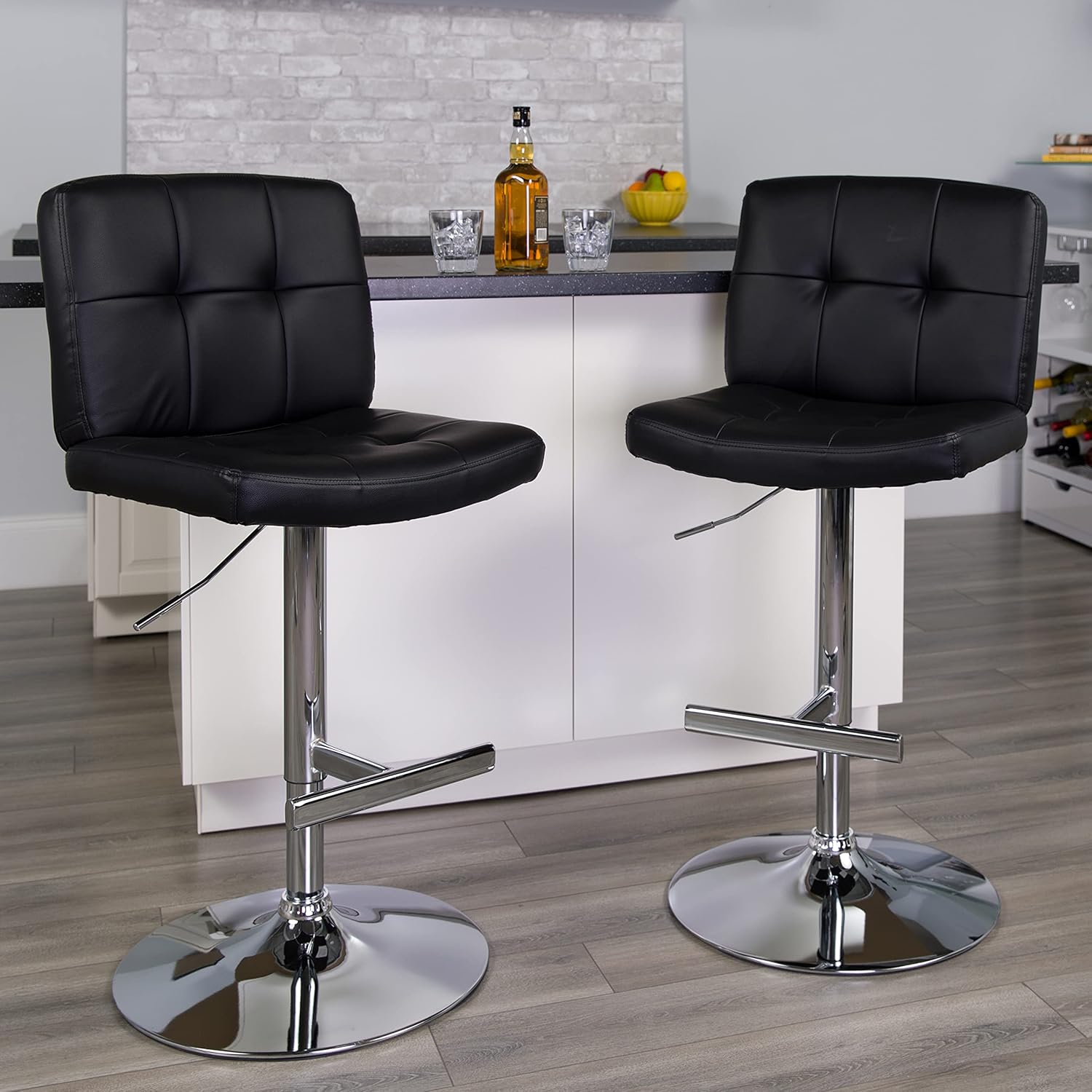 Flash Furniture 2 Pk. Contemporary White Vinyl Adjustable Height Barstool with Square Tufted Back and Chrome Base