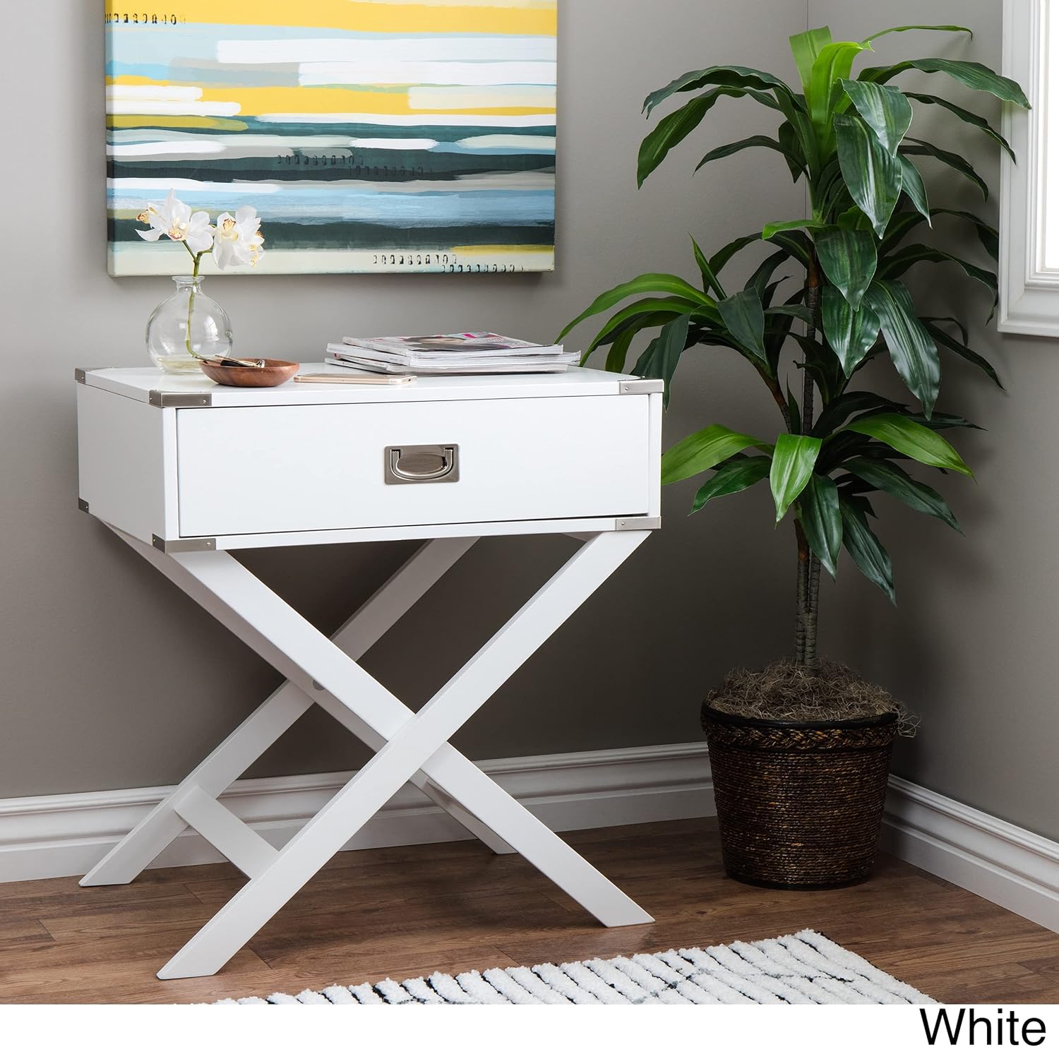 Inspire Q Kenton X Base Wood Accent Campaign Table by Bold - Side Table White Painted