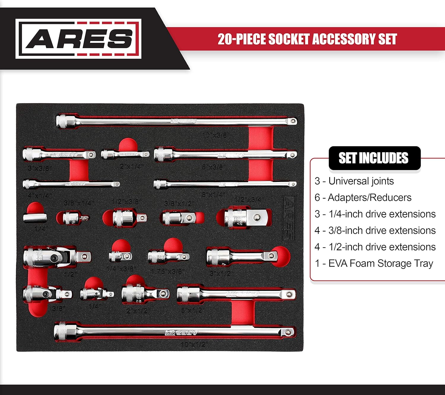 ARES 40003-20-Piece Socket Accessory Set - Premium Chrome Vanadium Steel with Mirror Finish - Includes Socket Adapters, Extensions and Universal Joints