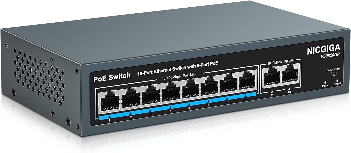 NICGIGA 10 Port PoE Switch, 8 Ports PoE+ 100Mbps with 2 Gigabit Uplink, @120W, Desktop/Wall/19 inch RackMount,Extend to 250m, Sturdy Metal Fanless Housing , Plug and Play, Unmanaged(FS0820GP) Pack of 2