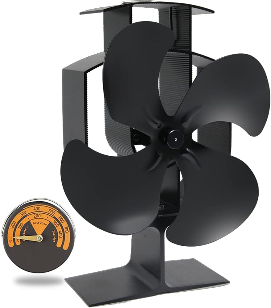 ZHENGXOO Heat Powered Wood Stove Fan with 4-Blade, Quiet Fireplace Wood Burning Eco-Friendly Fan for Home High Efficient Heat Distribution, and a thermometer is provided Pack of 2