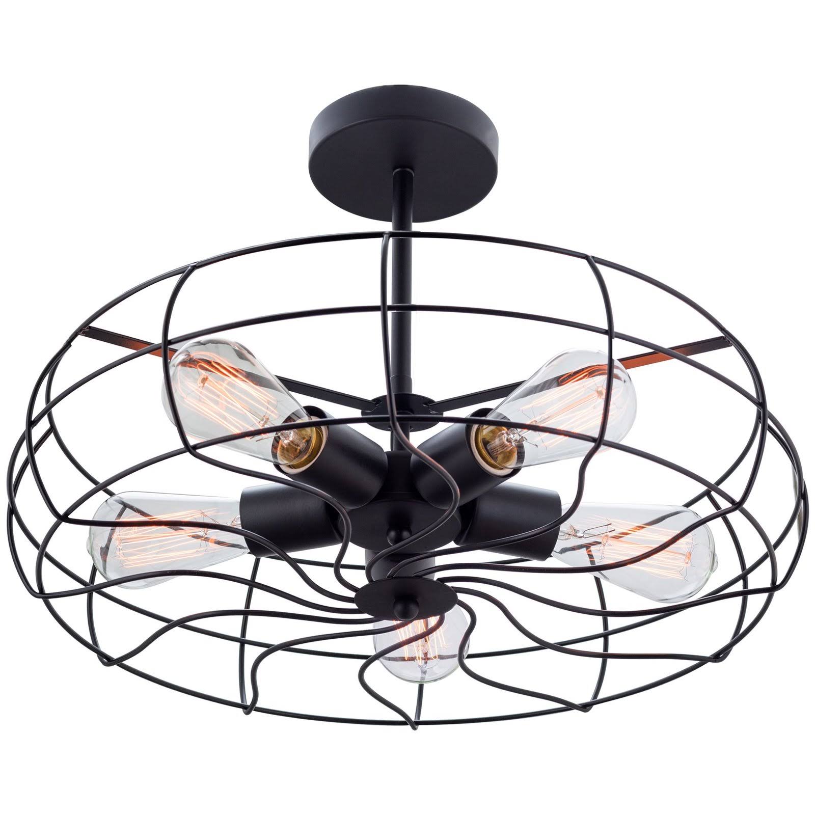 Revel Gage 18x22 Industrial 5-Light Fan Style Metal Cage Semi-Flush Mount Ceiling Light, Matte Black Finish