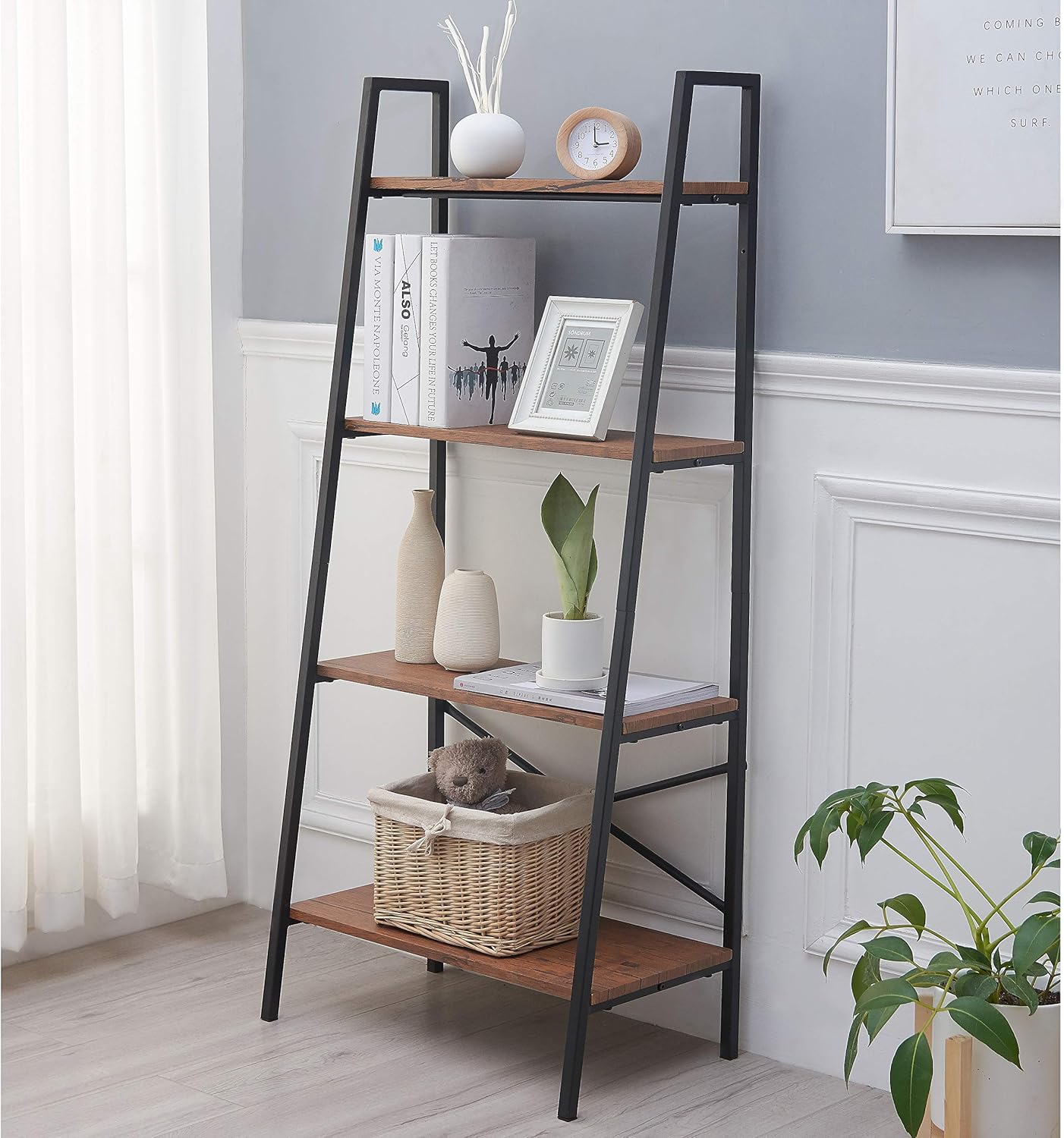 Blissun Ladder Shelf, 4-Tier Bookshelf, Storage Rack Shelf for Office, Bathroom, Living Room, Hazelnut Brown