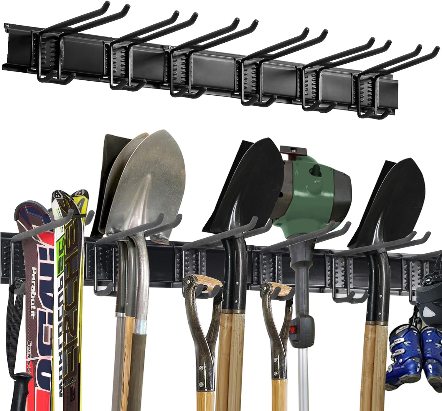 Aking Ace Garage Wall Storage Organization, Heavy Duty Garden Tools Organizer Rack Wall Mount Shovels Hanger with 6 Adjustable Hooks Max Load 300lbs Pack of 2