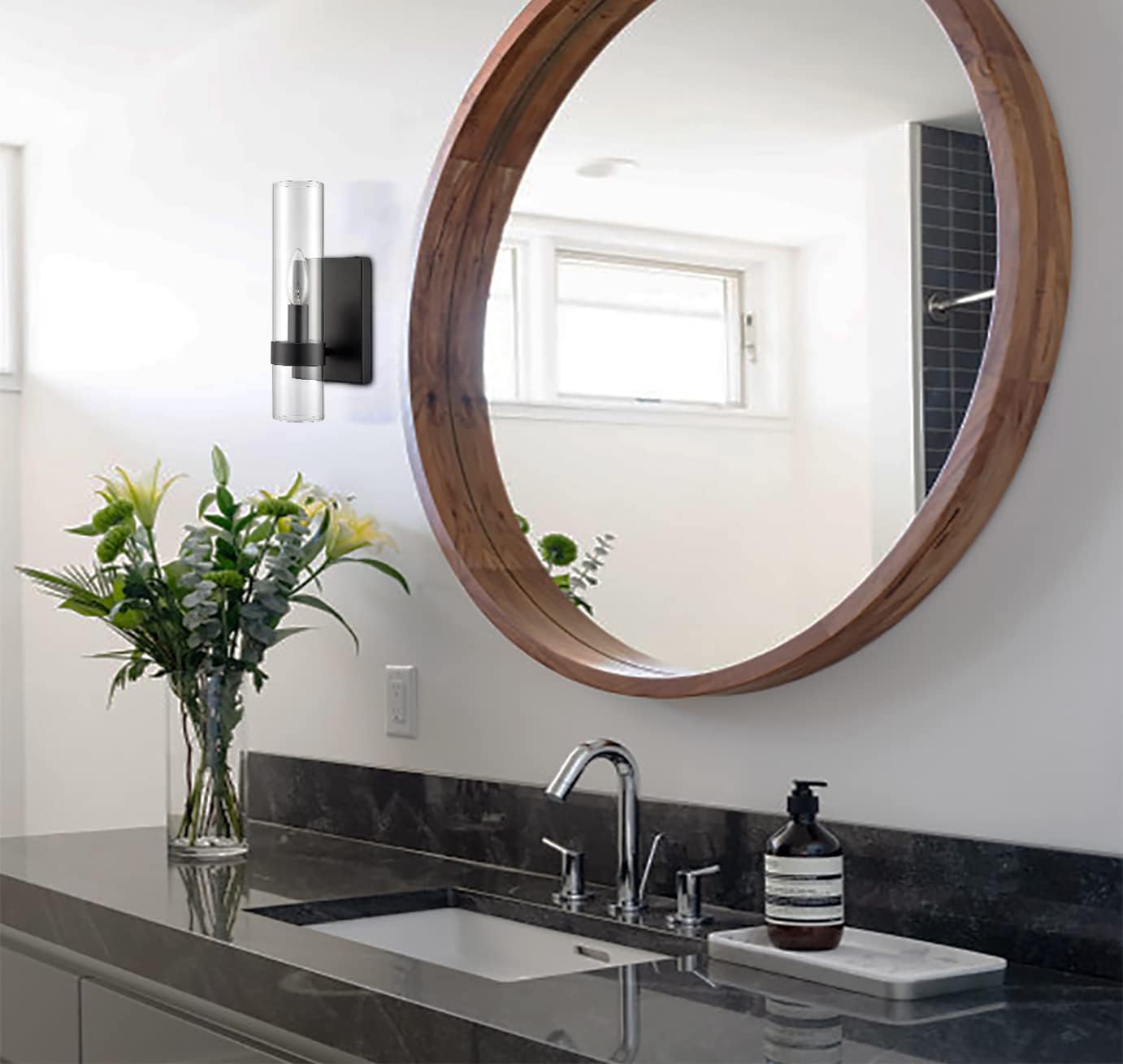 JEENKAE Modern Farmhouse Glass Cylinder Wall Sconce 1-Light Black Bathroom Vanity Lights Fixture