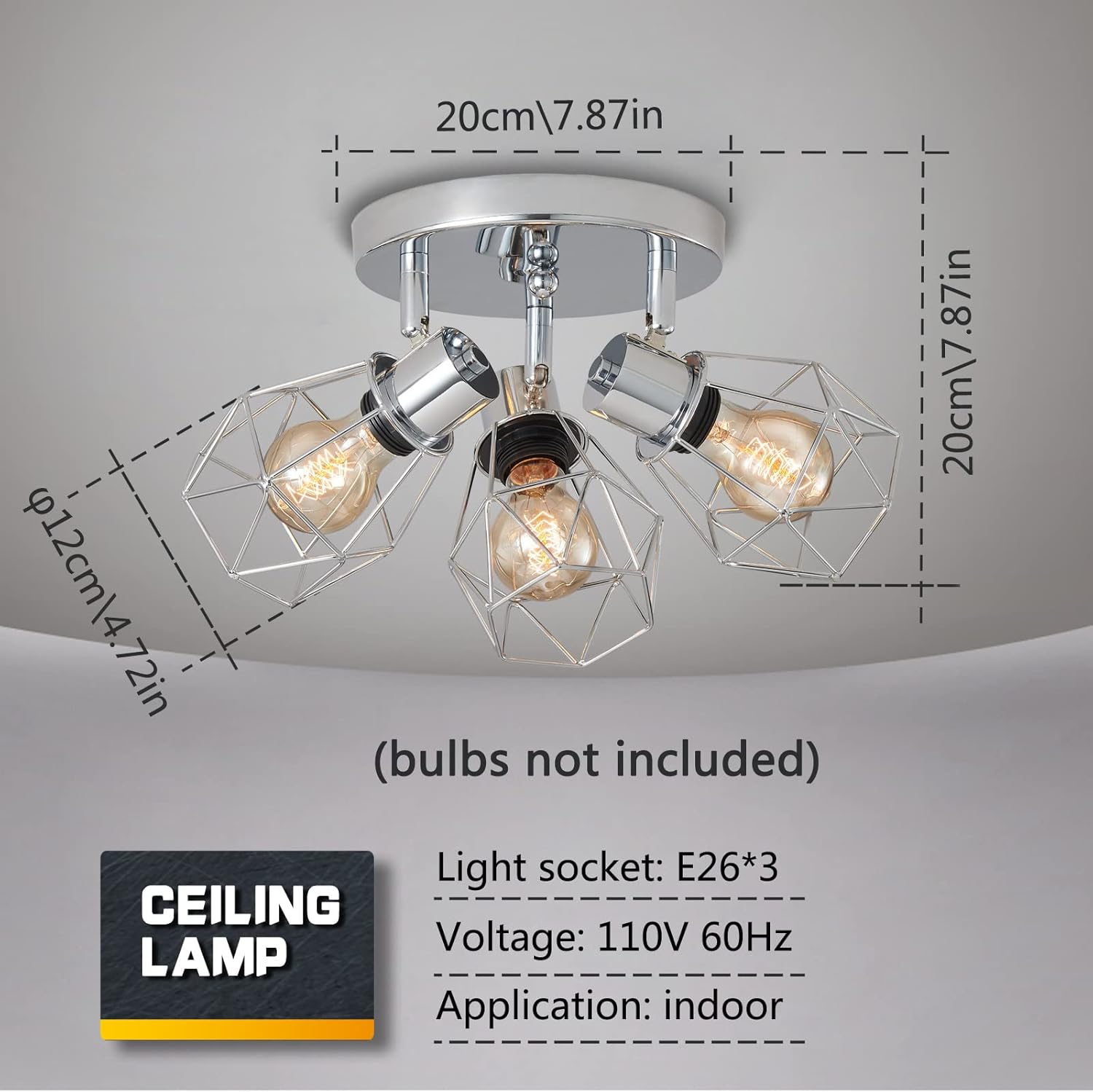 LIGHTESS Chrome Flush Mount Ceiling Spot Light Fixture, 3-Head Industrial Tracking Light Kit, Adjustable Spotlight for Hallway, Living Room, LG9933953