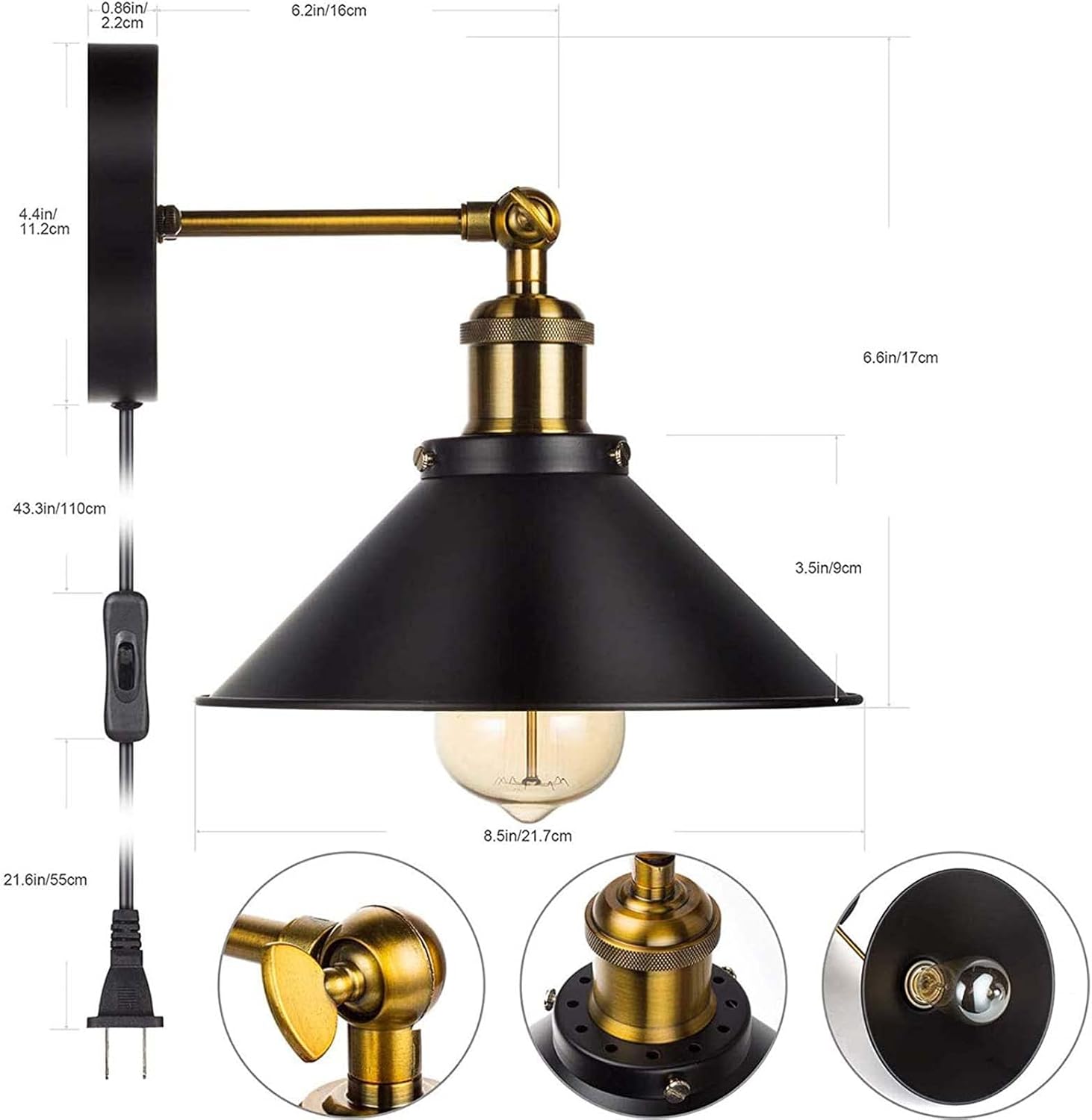 SILMOIRAN Retro Wall Sconces Light Wall Lamp Plug in Cord with On-Off Switch E26 Base Black Wall Industrial Vintage Edison Lamp Fixture Steel Finished for Indoors Bedroom(2-Lights)