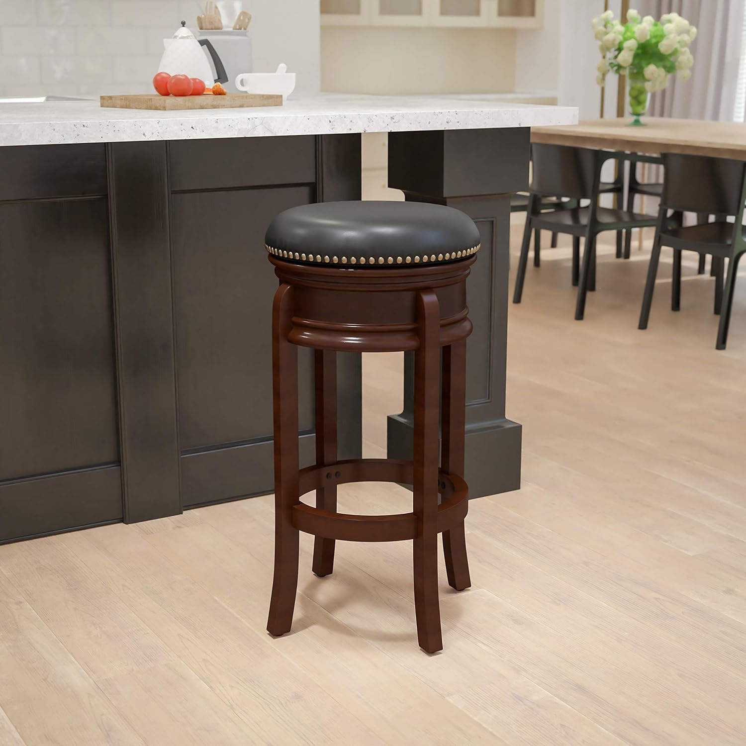 Flash Furniture 29'' High Backless Light Cherry Wood Barstool with Carved Apron and Black LeatherSoft Swivel Seat