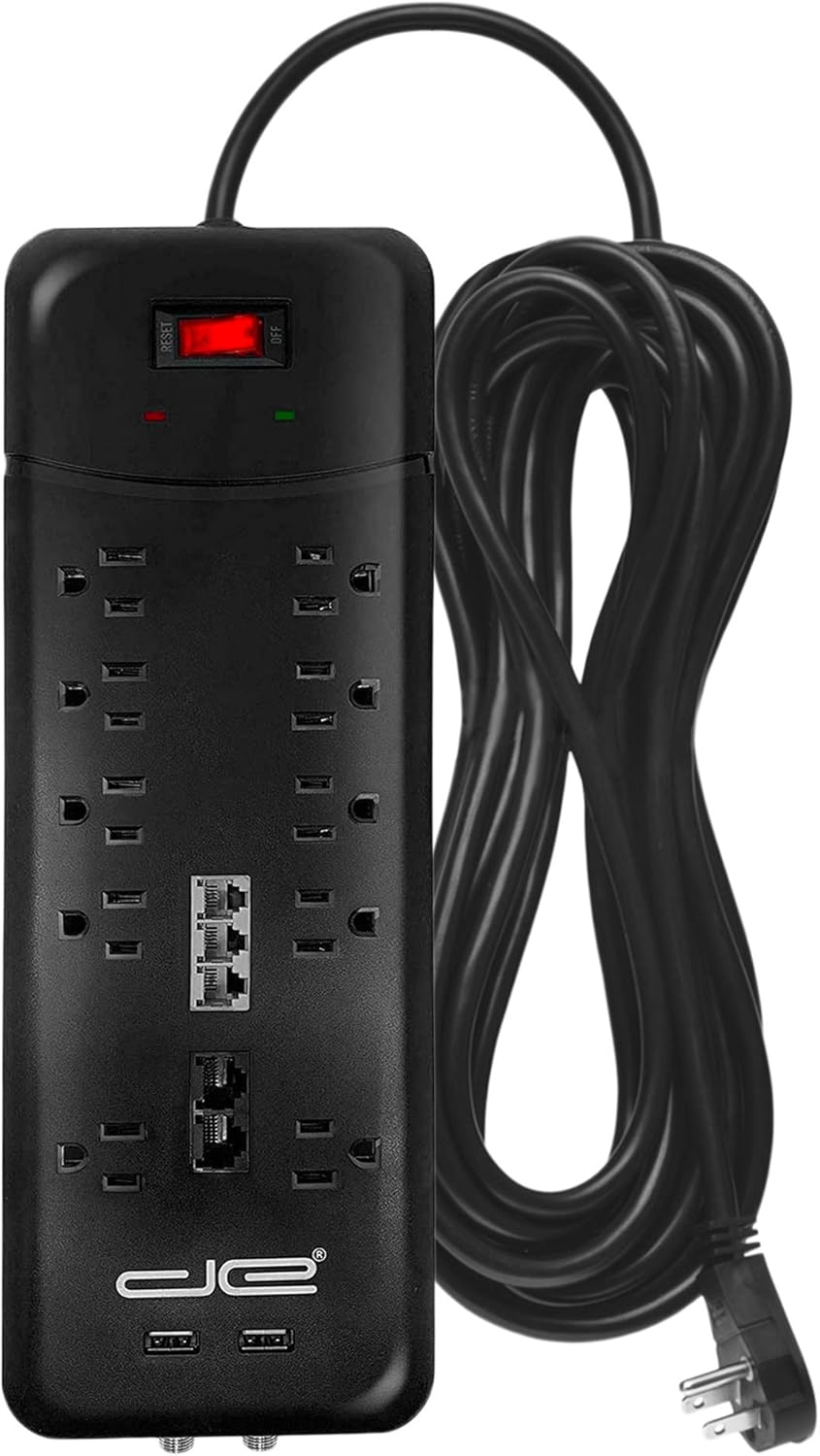 Digital Energy 15-ft Heavy Duty 10-Outlet 3500 Joules Surge Protector Power Strip, 15 Foot Long Extension Cord, Two USB Charging Ports, Coaxial, Phone Protection, ETL Listed. 15 AMP, Black Pack of 2