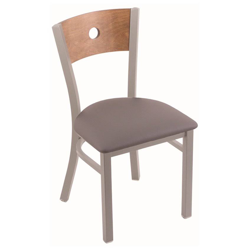 Holland Bar Stool 630 Voltaire 18x22 Chair with Anodized Nickel Finish, Allante Medium Grey SEAT, and Medium Maple Back