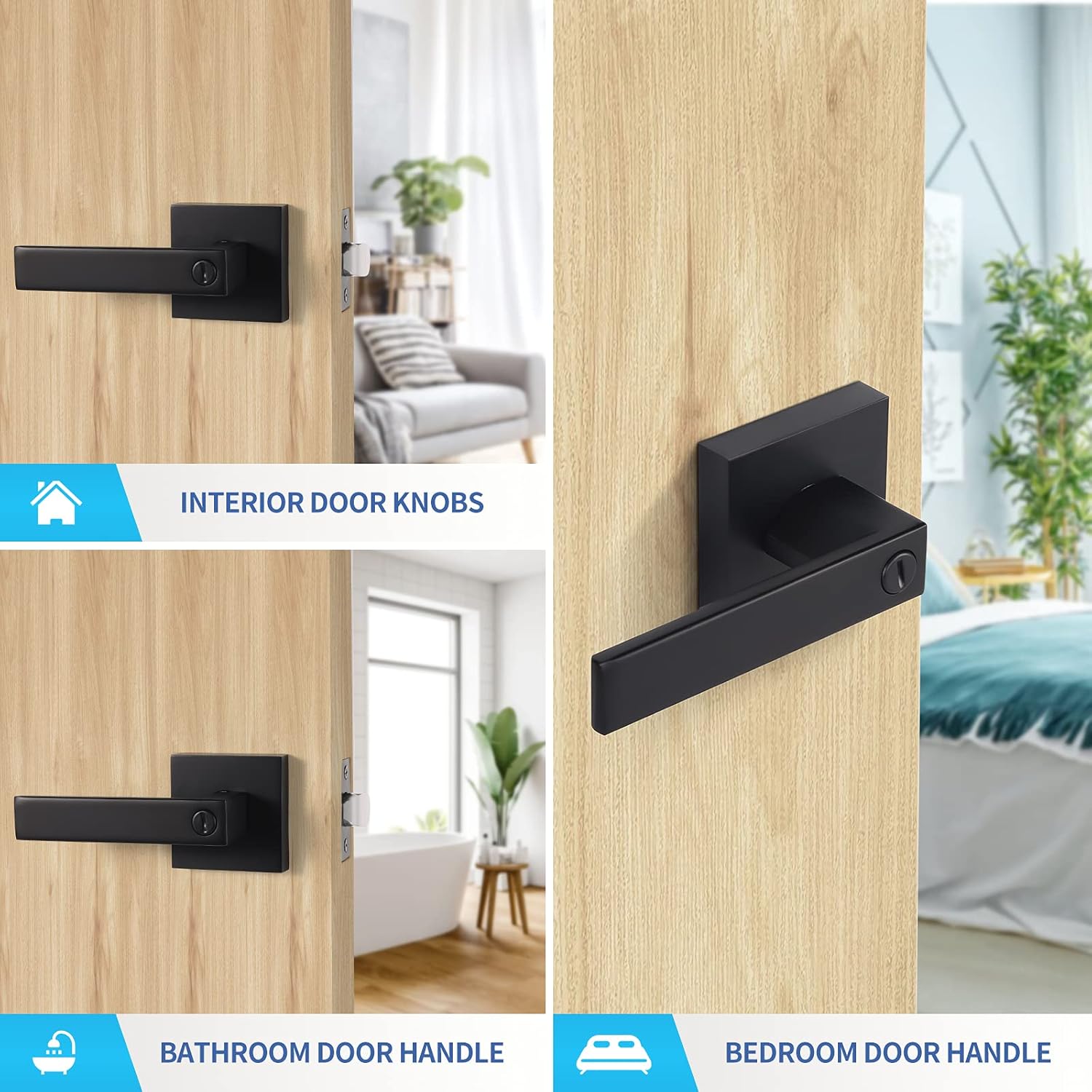 6 Pack Square Door Lever Privacy Door Lock Handleset Keyless Door Knobs Storage Room Bathroom Lockset No Key in Black