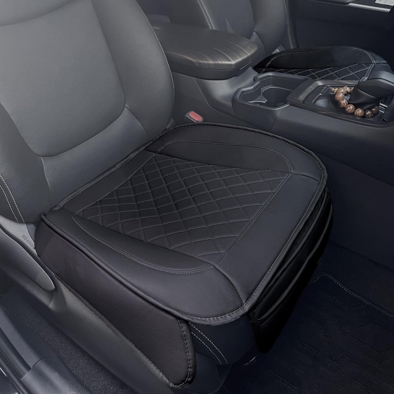 Pigenius 2PCS Car Front Seat Cover Protector for Bottom, PU Leather Padded Car Seat Cushion with Storage Pockets, 19.85 x 19.5 Inches - Black