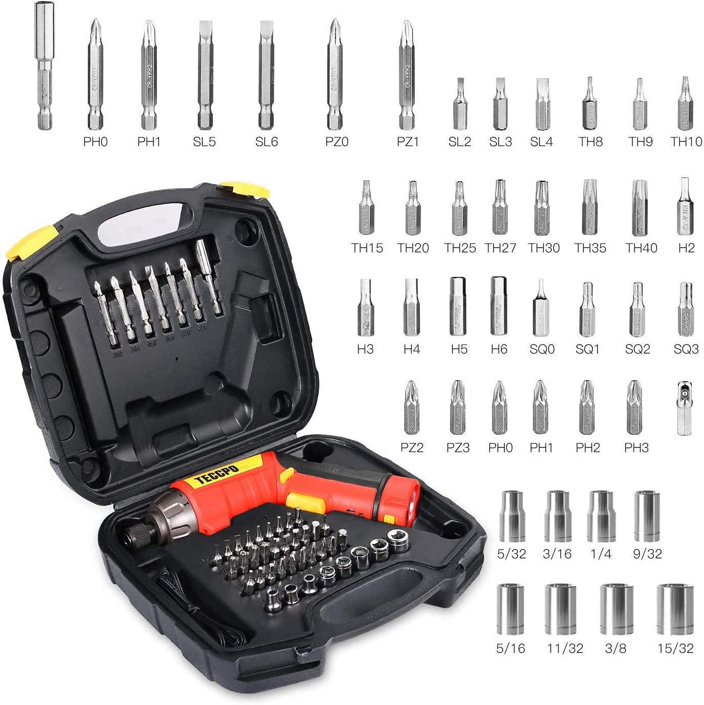 Cordless Screwdriver, 6Nm Electric Screwdriver, 4V 2000mAh Li-ion, with 45 pcs Accessories, 9+1 Torque Gears, Adjustable 2 Position Handle with LED, USB Rechargeable