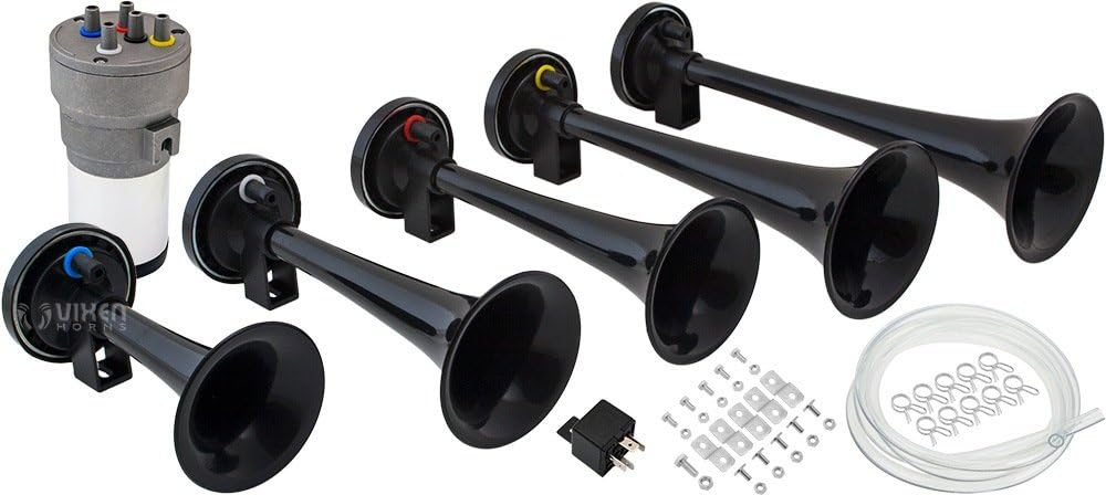 Vixen Horns Loud 5/Five Trumpet Dixie Musical/Music Sound Air Horn with Compressor Full Complete System/Kit Black 12V VXH6801B Pack of 2