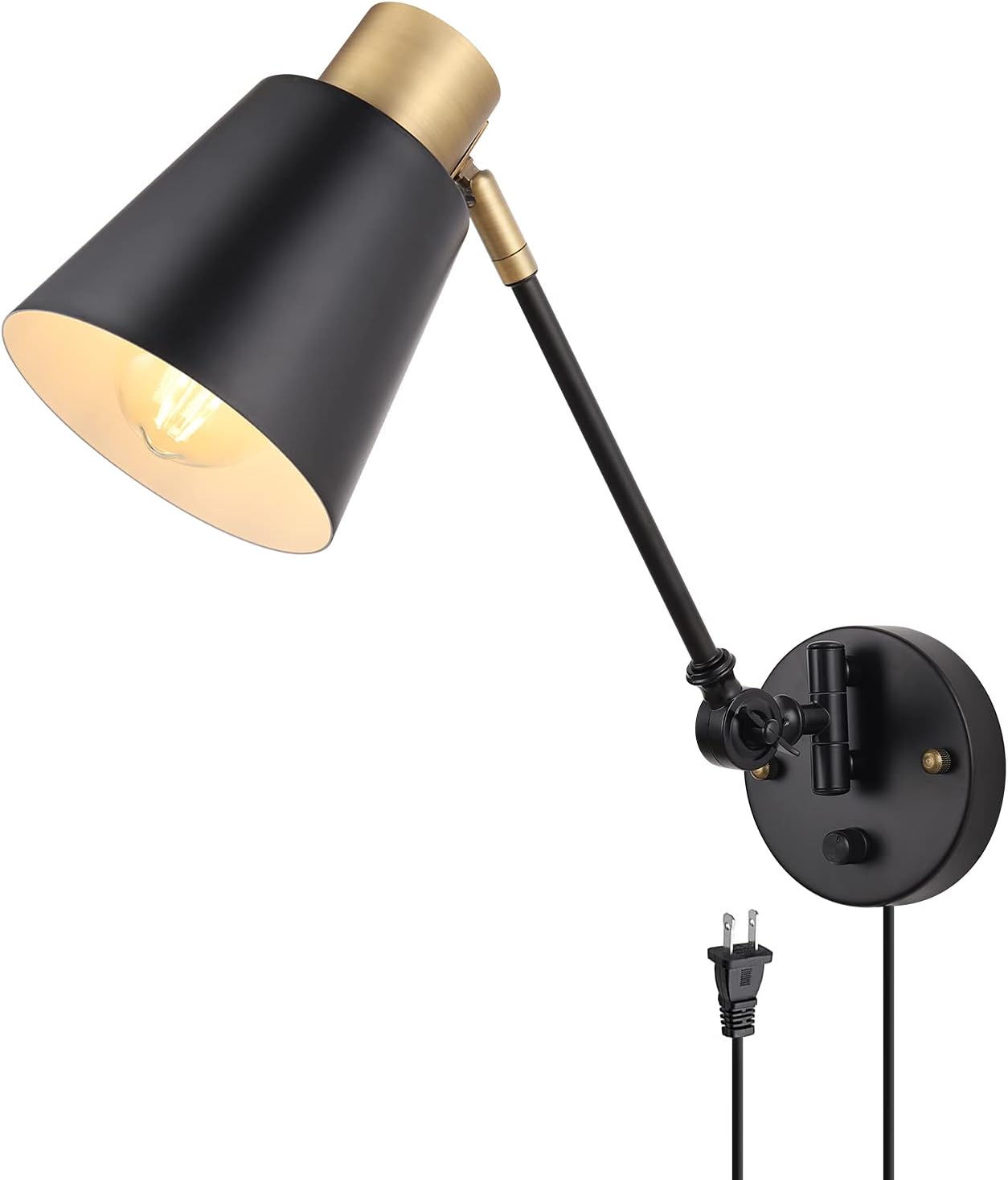 Dimmable Wall Lamp with Plug in Cord, ENCOMLI Plug in Wall Sconces, Swing Arm Sconces Wall Lighting with On Off Switch, Metal Black Brass Industrial Wall Sconce Plug in Wall Light, E26 Base