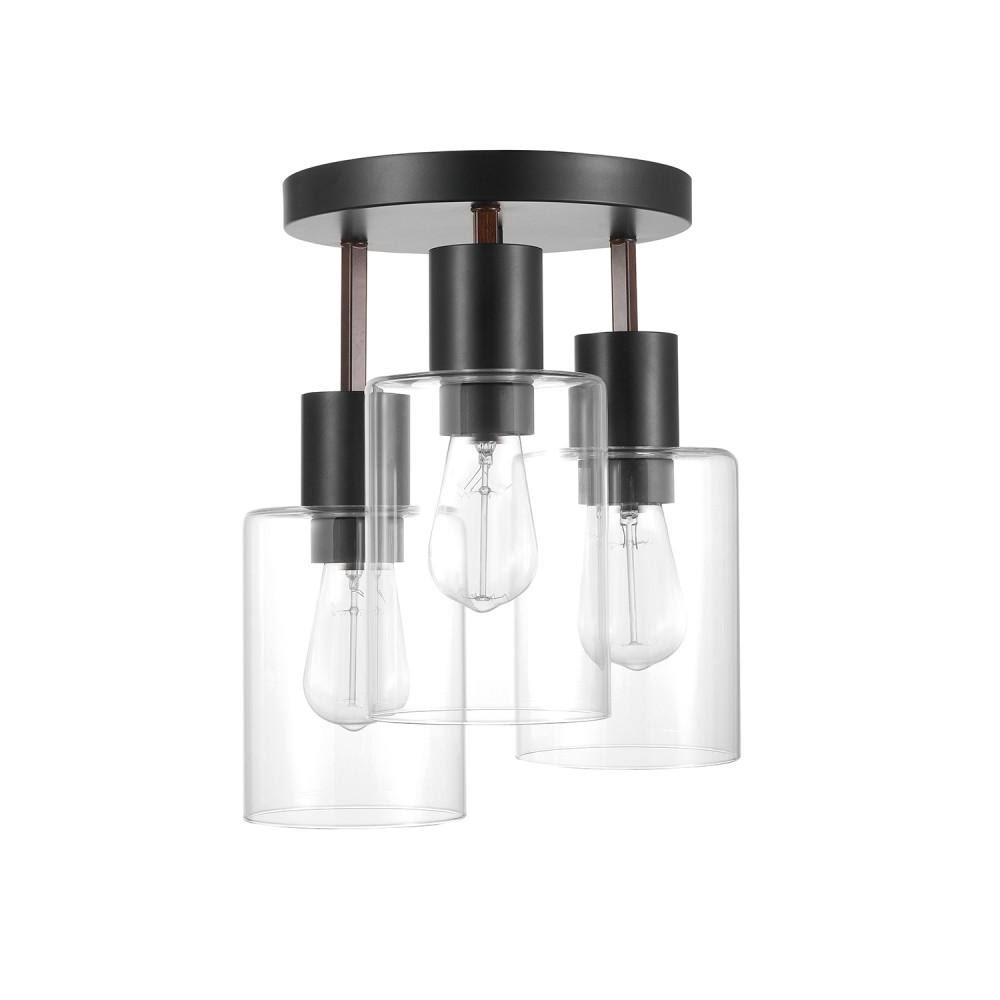 Globe Electric Sedona 14 in. 3-Light Matte Black with Faux Wood Flush Mount 60981