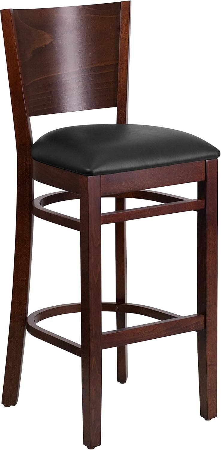 Flash Furniture Lacey Series Solid Back Walnut Wood Restaurant Barstool - Black Vinyl Seat