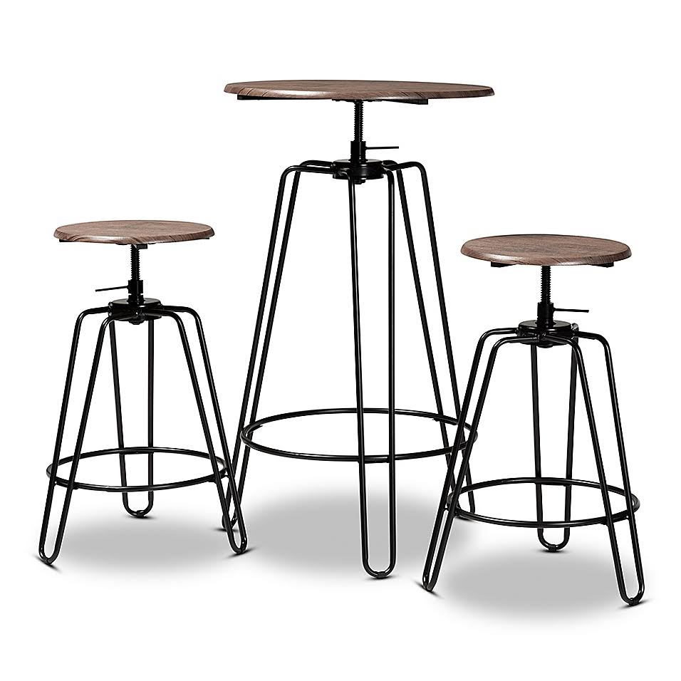 Baxton Studio Addie 3-Piece Adjustable Bar Pub Set in Walnut/Black
