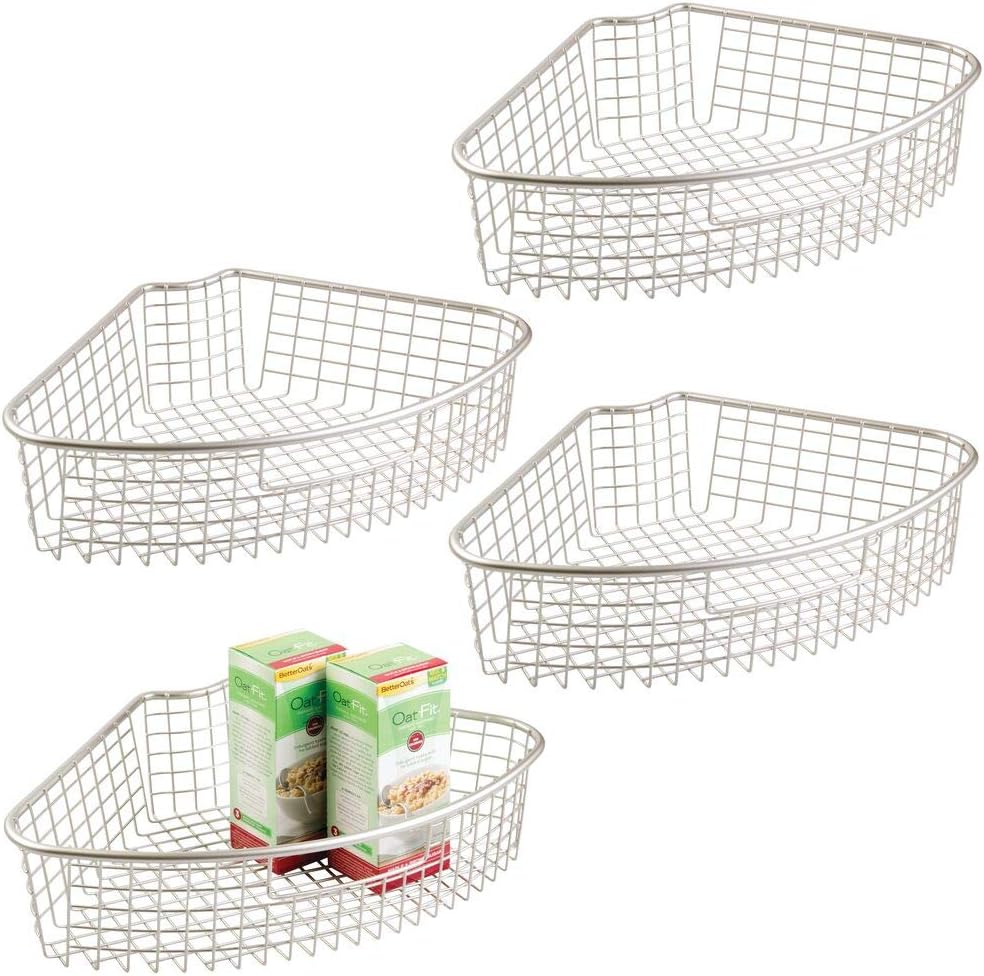 mDesign Farmhouse Metal Kitchen Cabinet Lazy Susan Storage Organizer Basket with Front Handle - Large Pie-Shaped 1/4 Wedge, 4.4