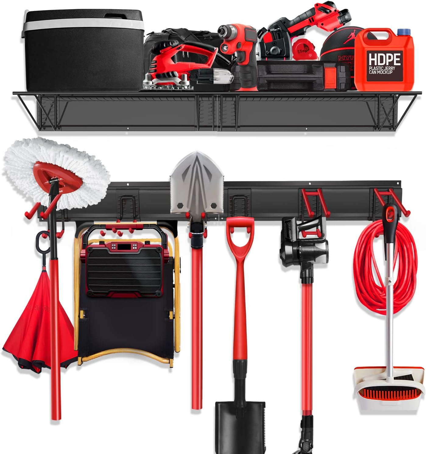 Eillion Heavy Duty Garage Storage Tool Organizer Shelf and Rack System Wall Mounted 48 Inch by 11 Inch Overhead Shelves and 2-Size 6 Movable Hooks, 360lbs Load Capacity Pack of 2