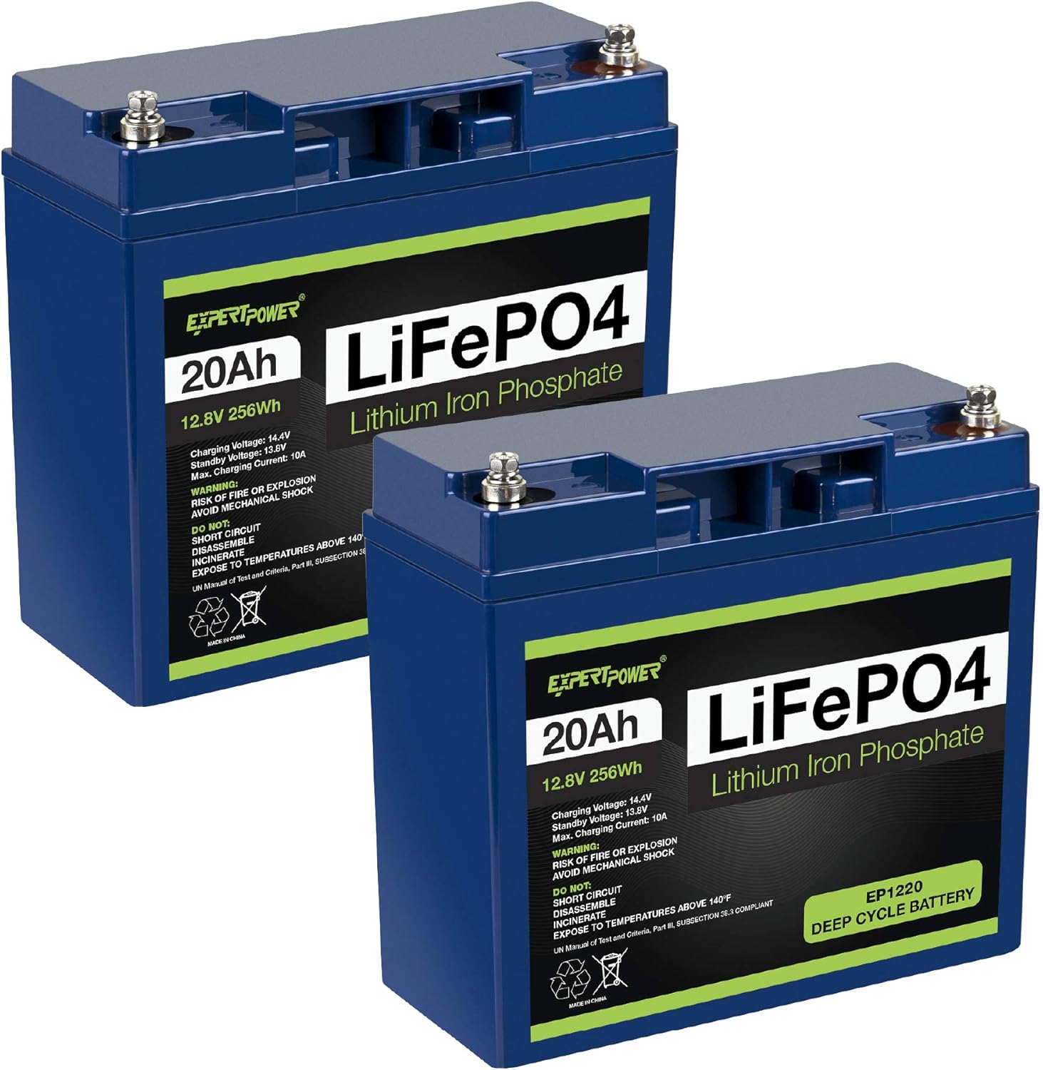 2 Pack ExpertPower 12V 20Ah Lithium LiFePO4 Deep Cycle Rechargeable Battery | 2500-7000 Life Cycles & 10-Year lifetime | Built-in BMS | Perfect for RV, Solar, Marine, Overland, Off-Grid Applications