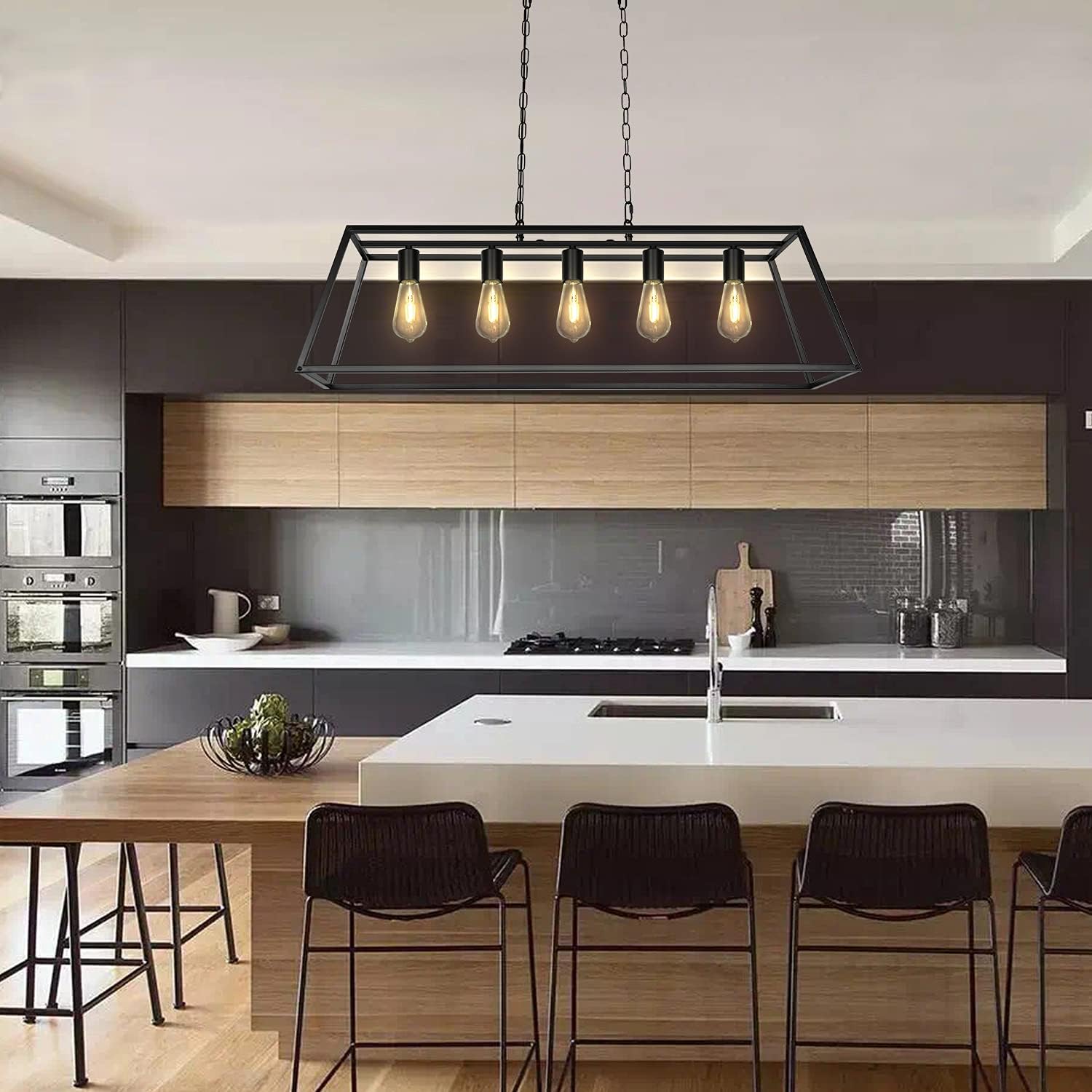 Black Modern Kitchen Island Lighting Farmhouse Chandelier Industrial Ceiling Light Fixtures for Kitchen, Dining Room, Living Room, Bar, Foyer (5-Light)