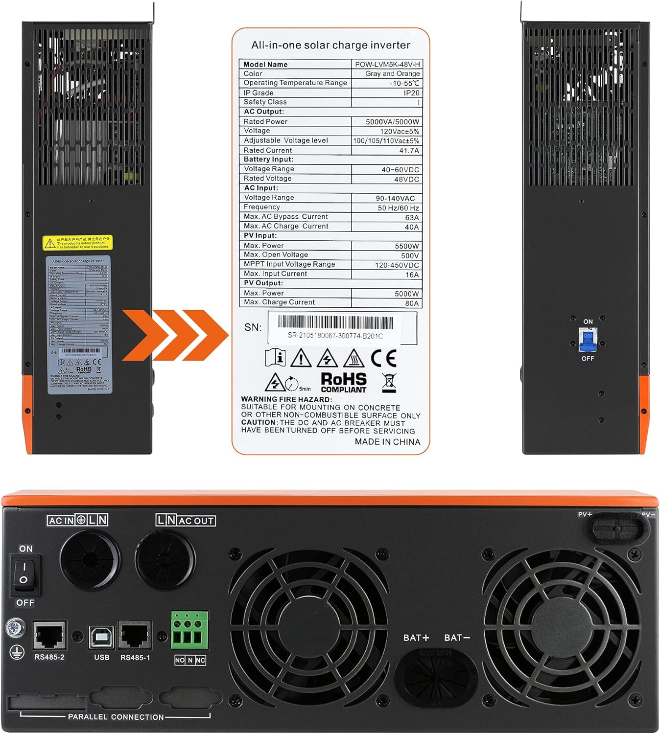Inverter Charger Solar Inverter 5000W, Built-in 80A MPPT Charge Controller Off Grid 48V Inverter 110V AC 5KW Output Pure Sine Wave Power, Support Max 5000W 500V Solar Power/Utility Power/48V Battery