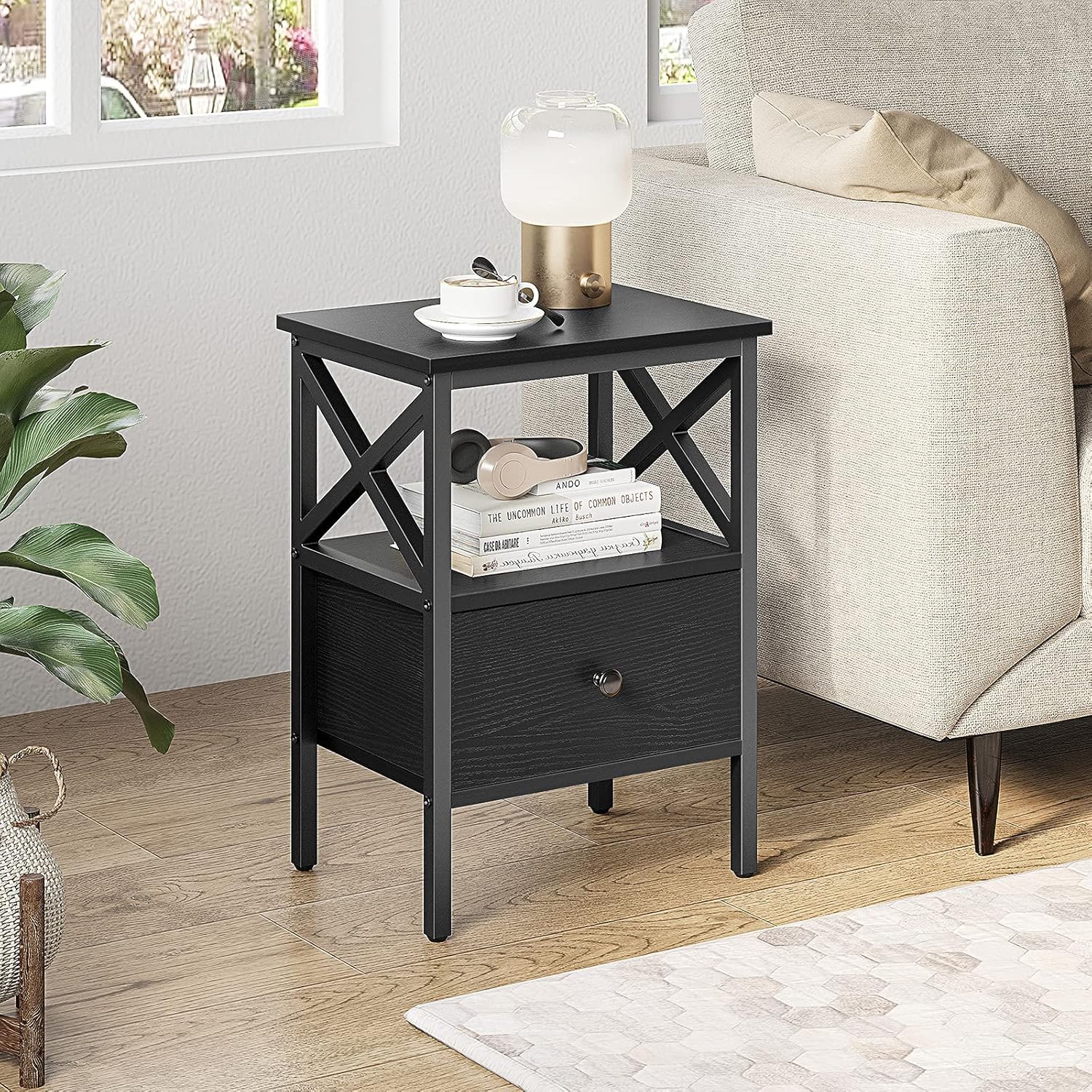 YITAHOME 3-Tier Nightstands Set of 2, X-Design Side End Table with Storage Shelf, Modern Sofa Bed Side Table Night Stand Storage Shelf with Bin Drawer for Bedroom Living Room, Easy Assembly, Black