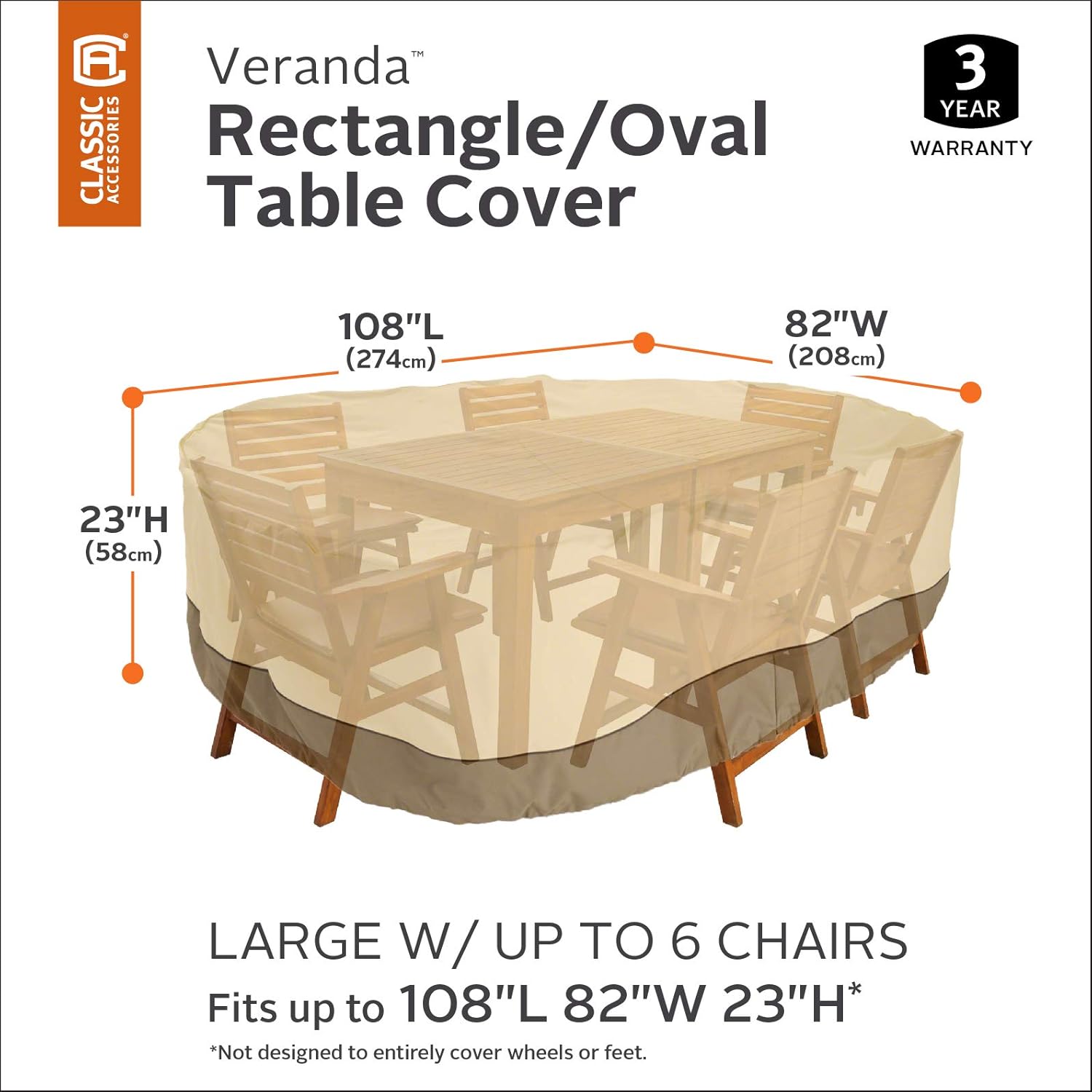 Classic Accessories Veranda Water-Resistant 108 Inch Rectangular/Oval Patio Table & Chair Set Cover