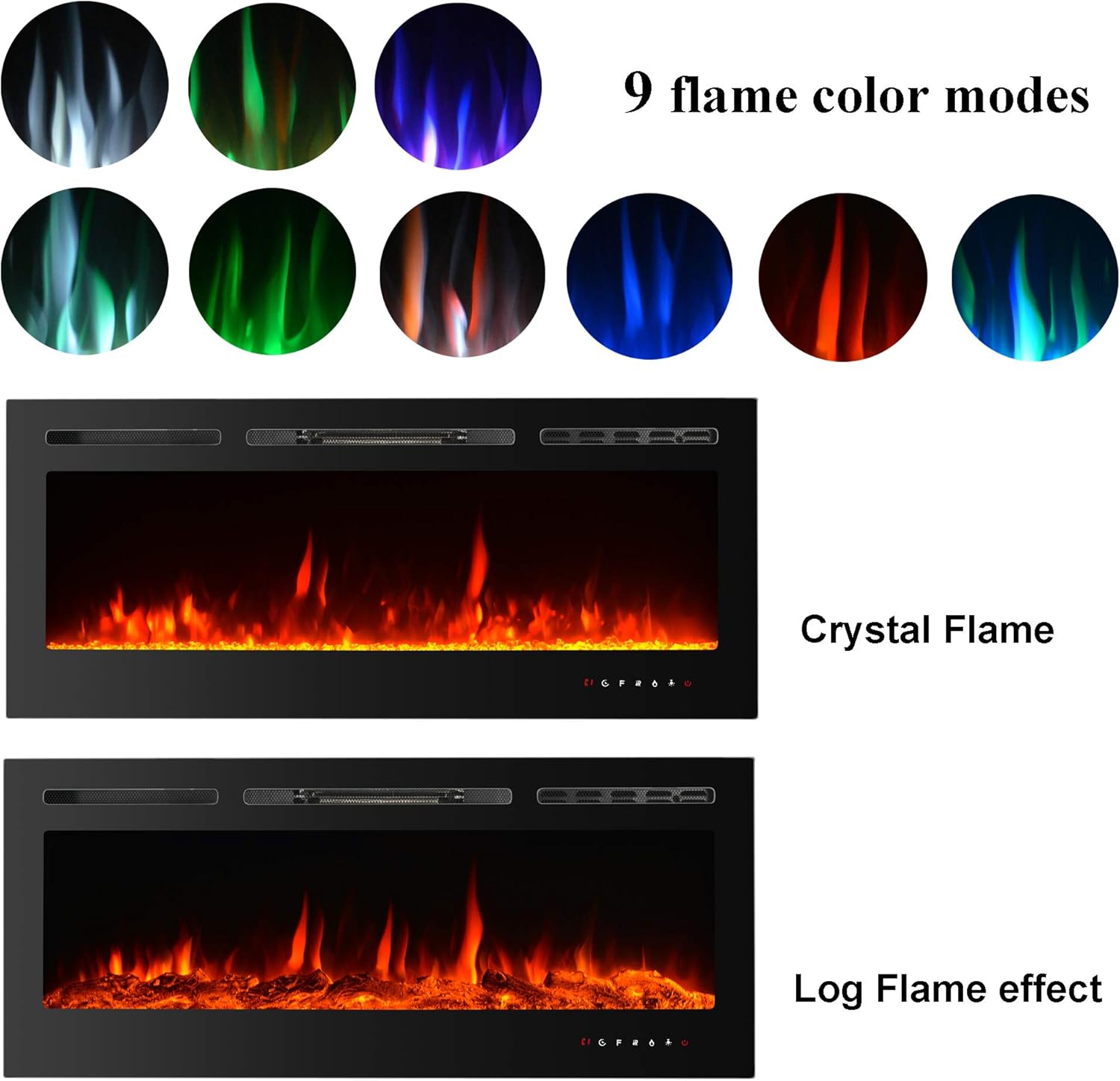 PAOLFOX 40 Inches Wall Mounted Recessed Electric Fireplace Heater Touch Screen Control Panel Overheating Protection Timer 9 Multicolor Flames,750/1500W, Log & Crystal Hearth Options