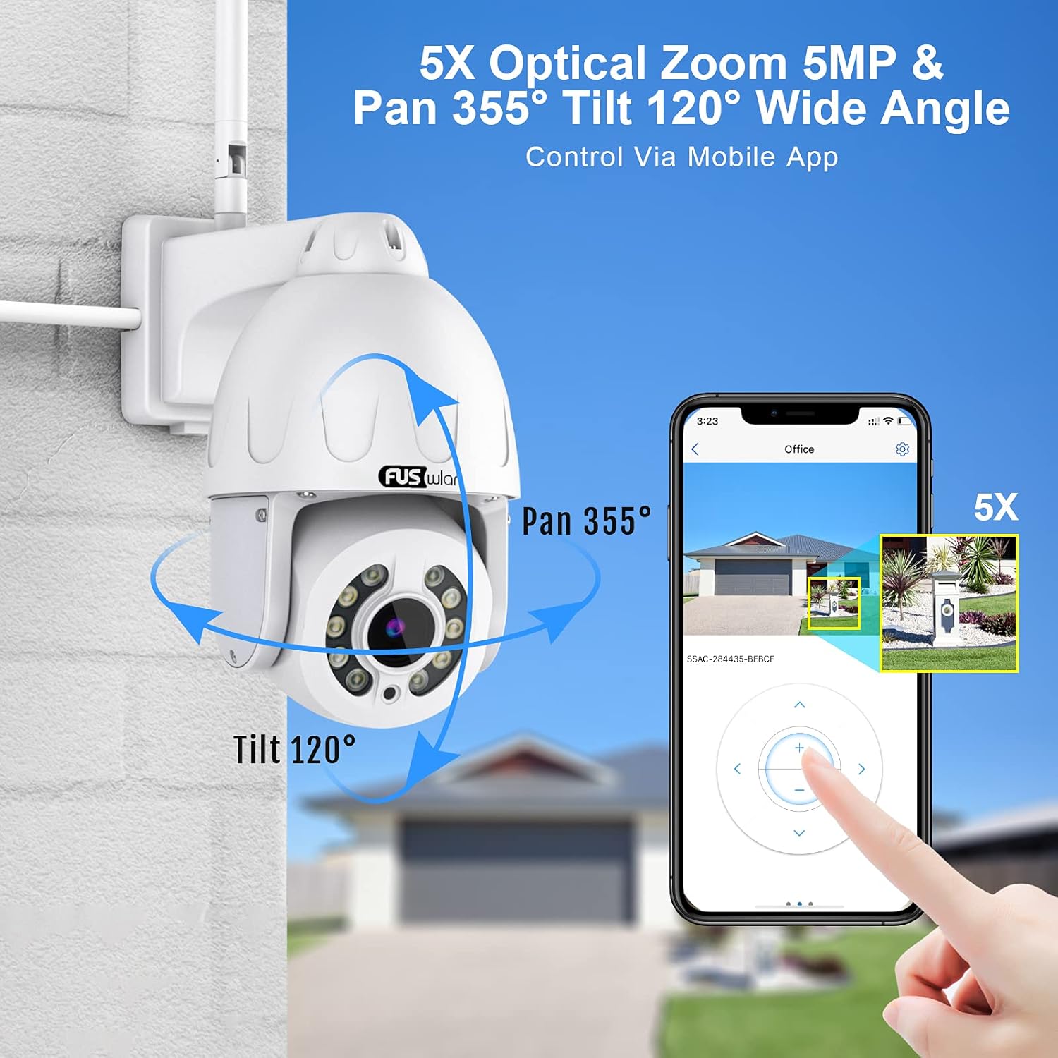 5MP PTZ Camera Outdoor, FUSWLAN 5X Optical Zoom Floodlight Camera, Pan WiFi Security IP Camera with Auto Tracking, Spotlight Color Night Vision,Humanoid Detection, Audio,SD Card Storage,Remote View