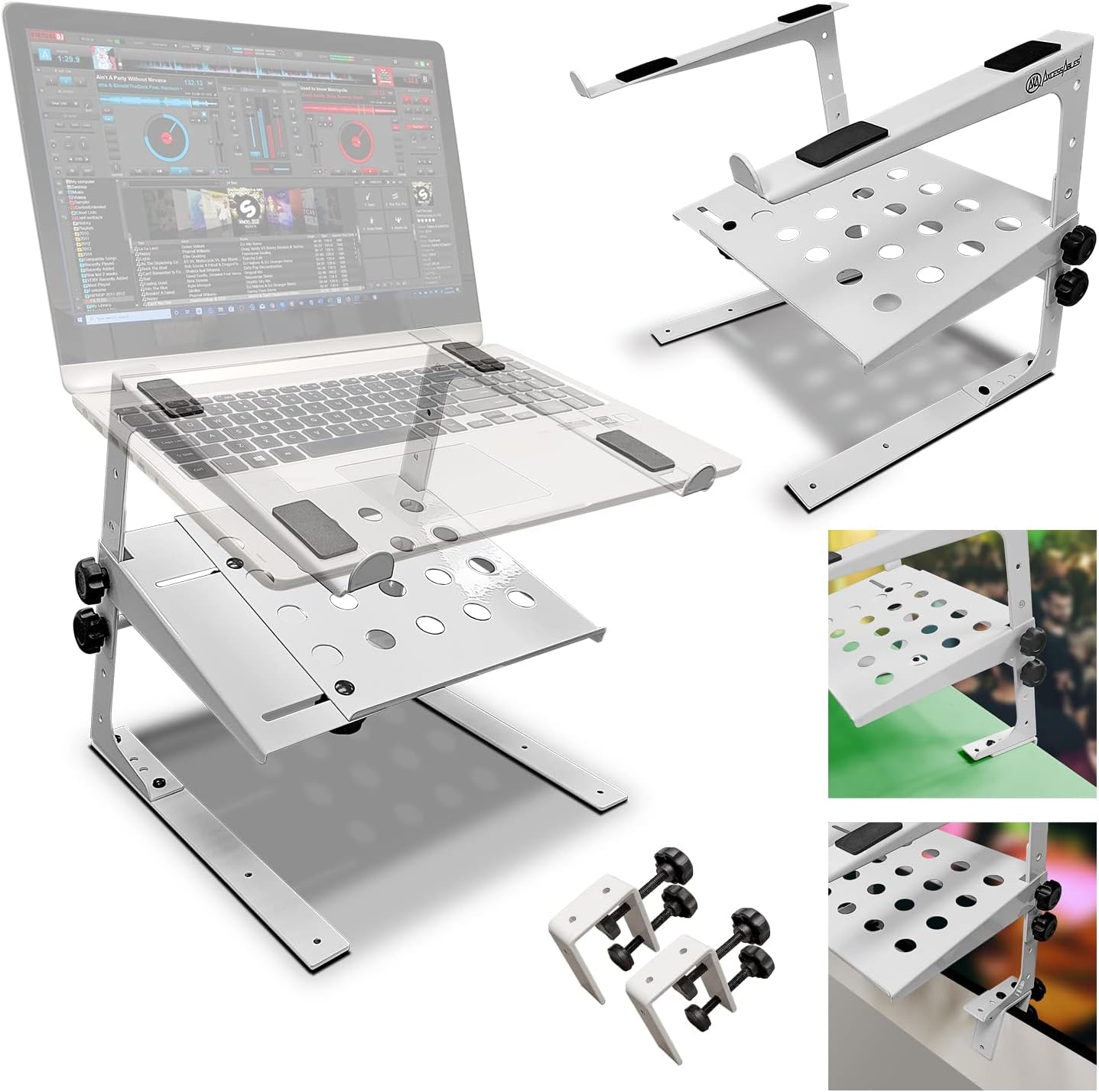 AxcessAbles LTS-03 Two Tier Adjustable Laptop Stand with Desk Clamps, Height Adjust, Compact Mixers, Audio Interfaces, DJ Controllers, Game Consoles (White)