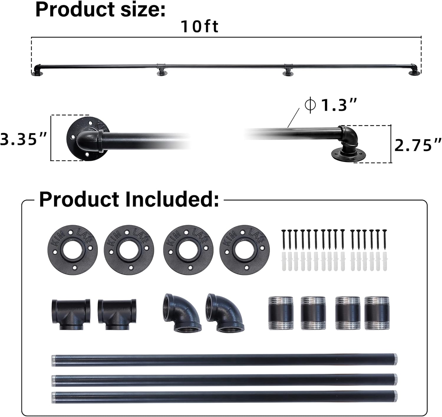 Toriexon Hand Rails Inside Stairs 10FT, Hand Railings for Stairs Easy to Install, Iron Balusters Staircase Handrails for Household or Commercial Buildings Pack of 2