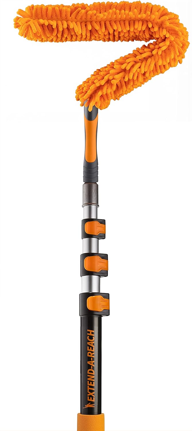 7-26 ft Flexible Fan Duster for High Ceiling Fan with Extension Pole (30+ Foot Reach) // Microfiber Ceiling Fan Blade Cleaner // Washable Fan Brush with Telescopic Pole // Best High Reach Dusting Kit