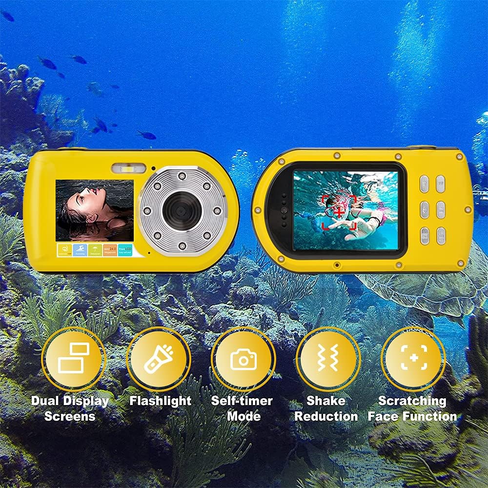 Underwater Camera 1080P FHD 20MP 10m Dual Screen Waterproof Digital Camera for Snorkeling Anti Shake Selfie, 16x Digital Zoom Camera Video Camcorder Recorder Pack of 2