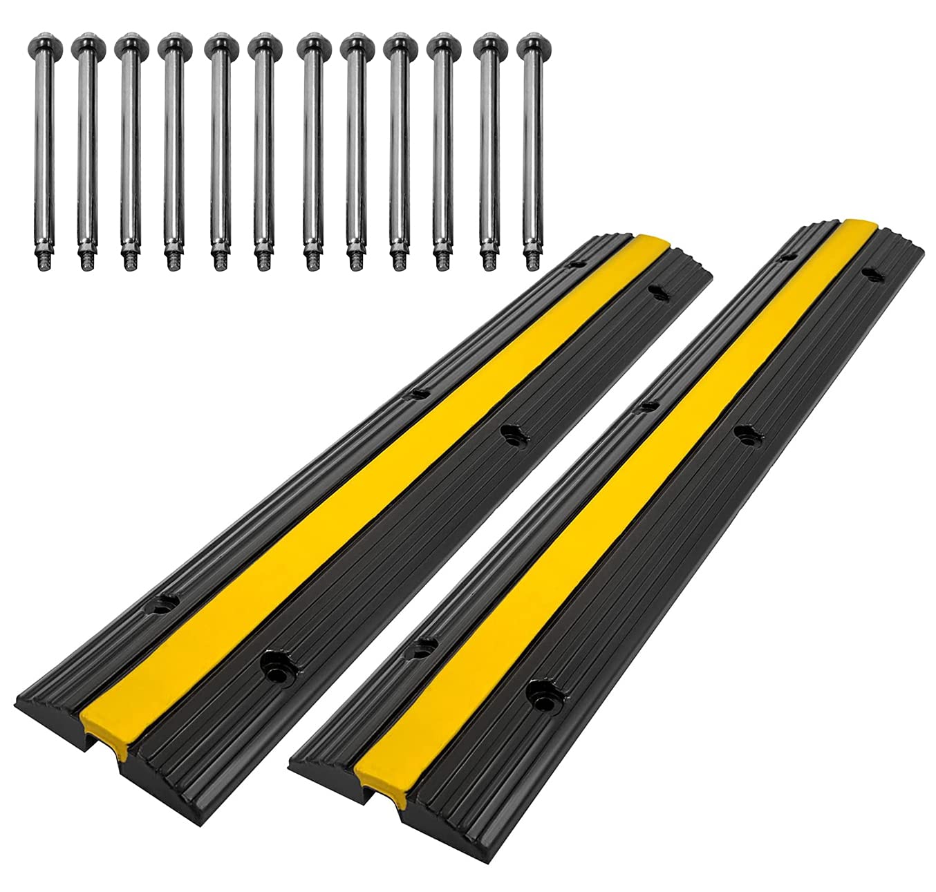 Speedmax Cable Protector Ramp Rubber Speed Bumps 2 Pack of 1 Channel 6600Lbs Load Capacity with 12 Bolts Spike for Asphalt Concrete Gravel Driveway (1 Channel, 2 Pack) Pack of 2