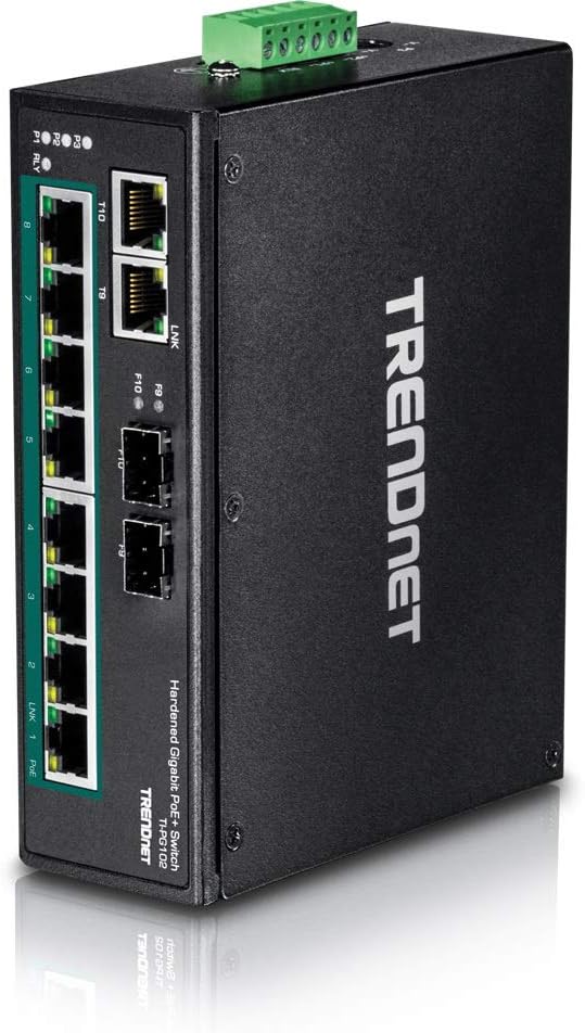 TRENDnet 10-Port Industrial Gigabit PoE+ DIN-Rail Switch, 8 x Gigabit PoE+ Ports, DIN-Rail Mount, 2 x SFP Slots, 240W PoE Power Budget, Network Switch, IP30, QoS, Lifetime Protection, Black, TI-PG102